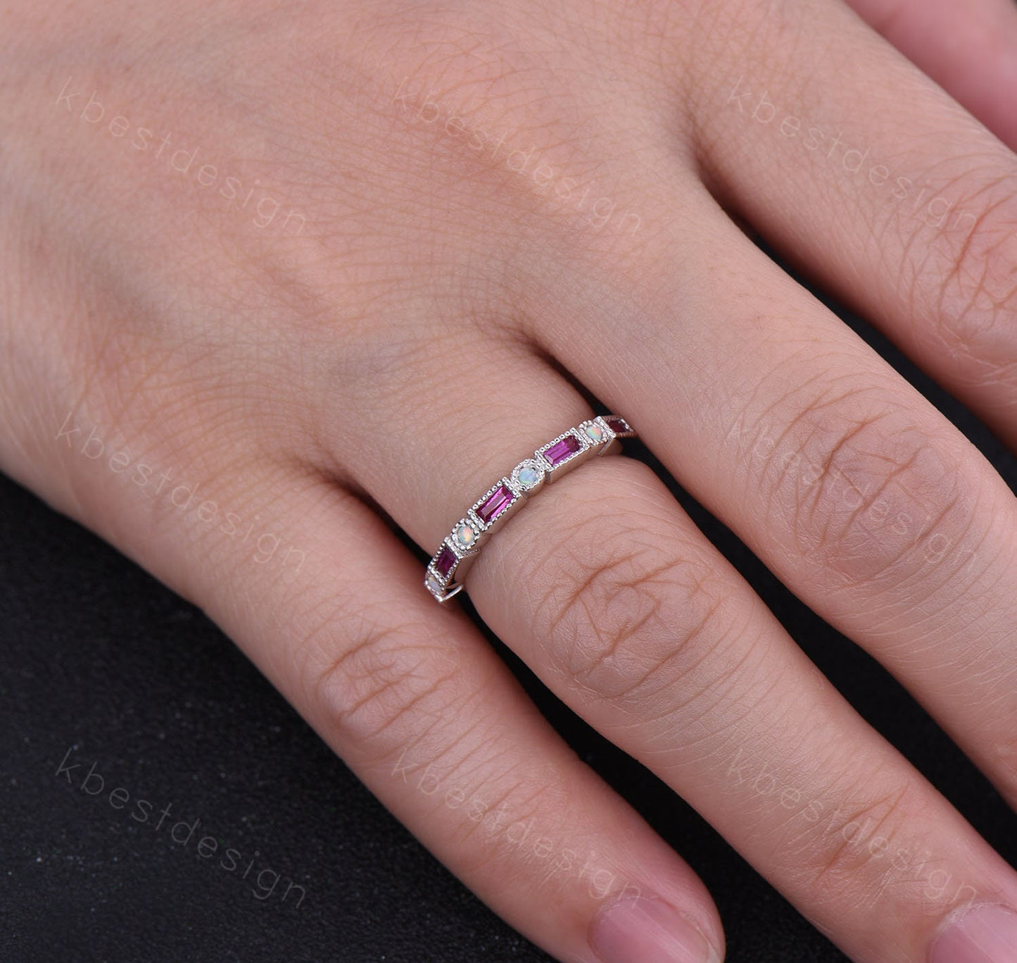 Ruby Opal Wedding Band Half Eternity Baguette Band Art Deco Stacking Wedding Ring Anniversary Ring Sterling Silver Ring July Birthstone Ring