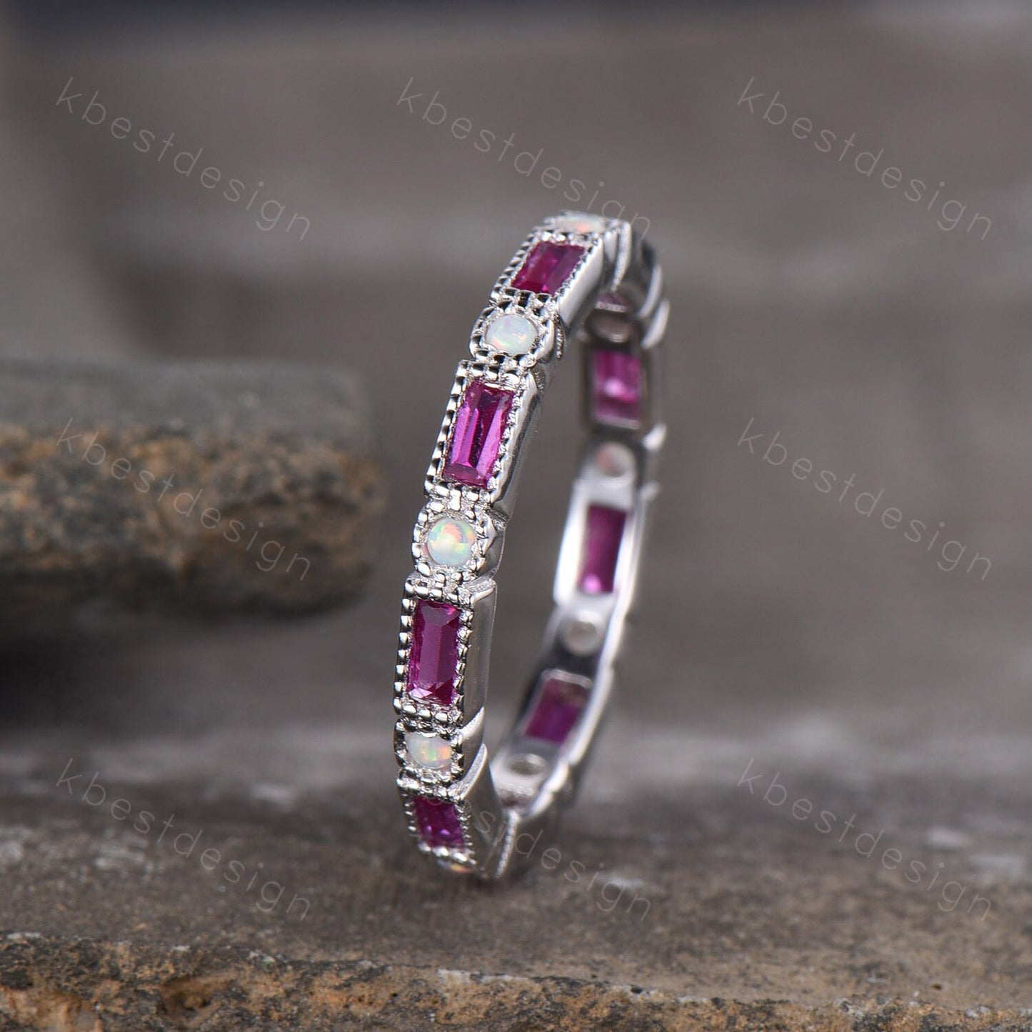 Eternity Ruby Opal Wedding Band, Baguette Ruby Wedding Band, Art Deco Stacking Matching Ring, Anniversary Ring, July Birthstone Ring