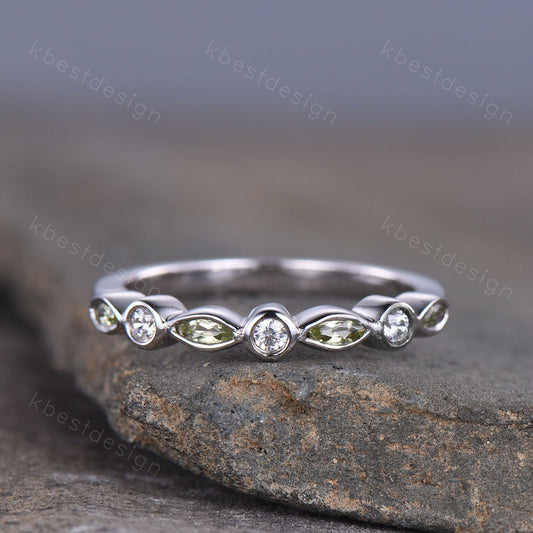 Half Eternity Peridot Wedding Band, White Gold Ring, Marquise cut Peridot Wedding Ring, Moissanite Wedding Band, Anniversary Gift for her