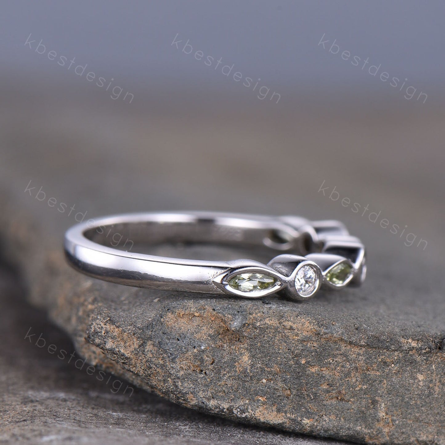 Half Eternity Peridot Wedding Band, White Gold Ring, Marquise cut Peridot Wedding Ring, Moissanite Wedding Band, Anniversary Gift for her