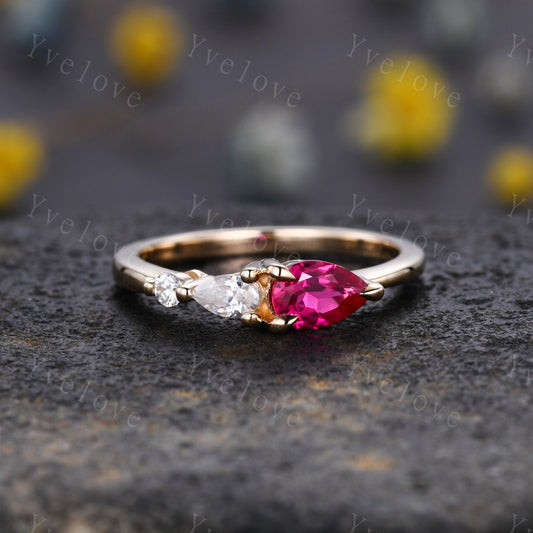 Vintage Red Ruby Ring Engagement Ring,Pear Cut Gems,Art Deco Moissanite Wedding Band,3 Stone Unique Women Bridal Promise Ring,Gold Ring Gift
