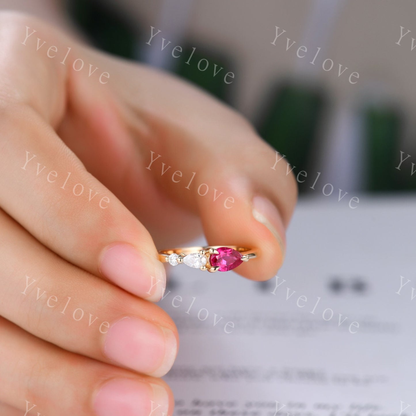 Vintage Red Ruby Ring Engagement Ring,Pear Cut Gems,Art Deco Moissanite Wedding Band,3 Stone Unique Women Bridal Promise Ring,Gold Ring Gift