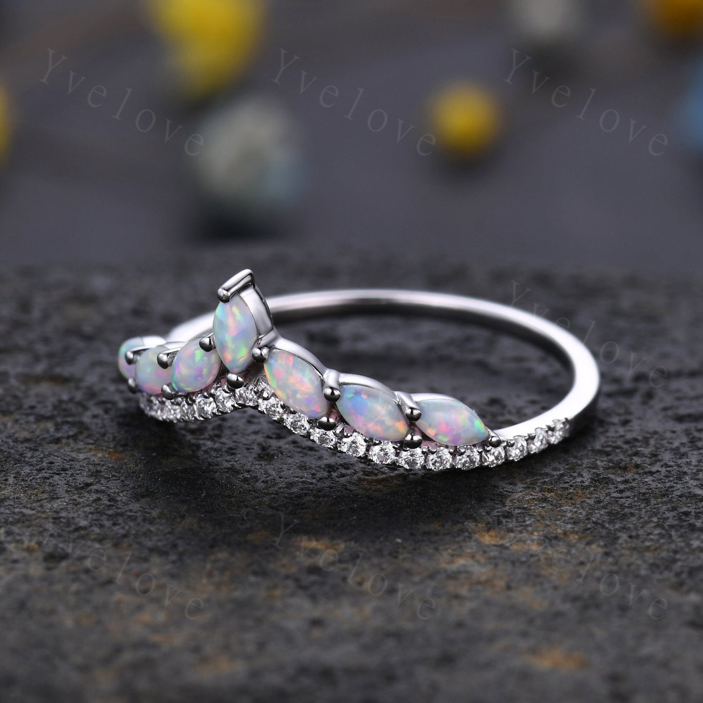 Multi-Gemstone Ring,White Fire Opal Rings for Women,14k White Gold Opal Engagement Ring,Opal Wedding Ring,Promise Ring Gift,Statement Ring