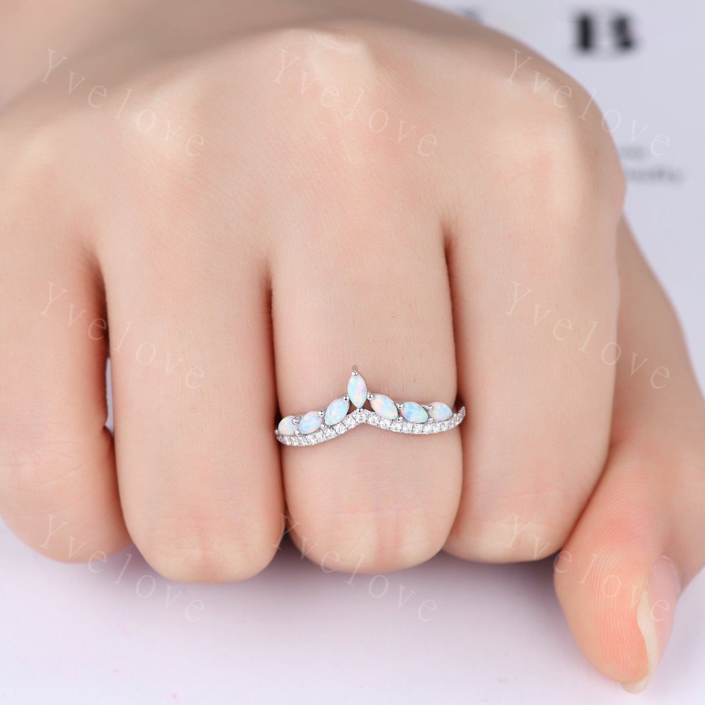 Multi-Gemstone Ring,White Fire Opal Rings for Women,14k White Gold Opal Engagement Ring,Opal Wedding Ring,Promise Ring Gift,Statement Ring