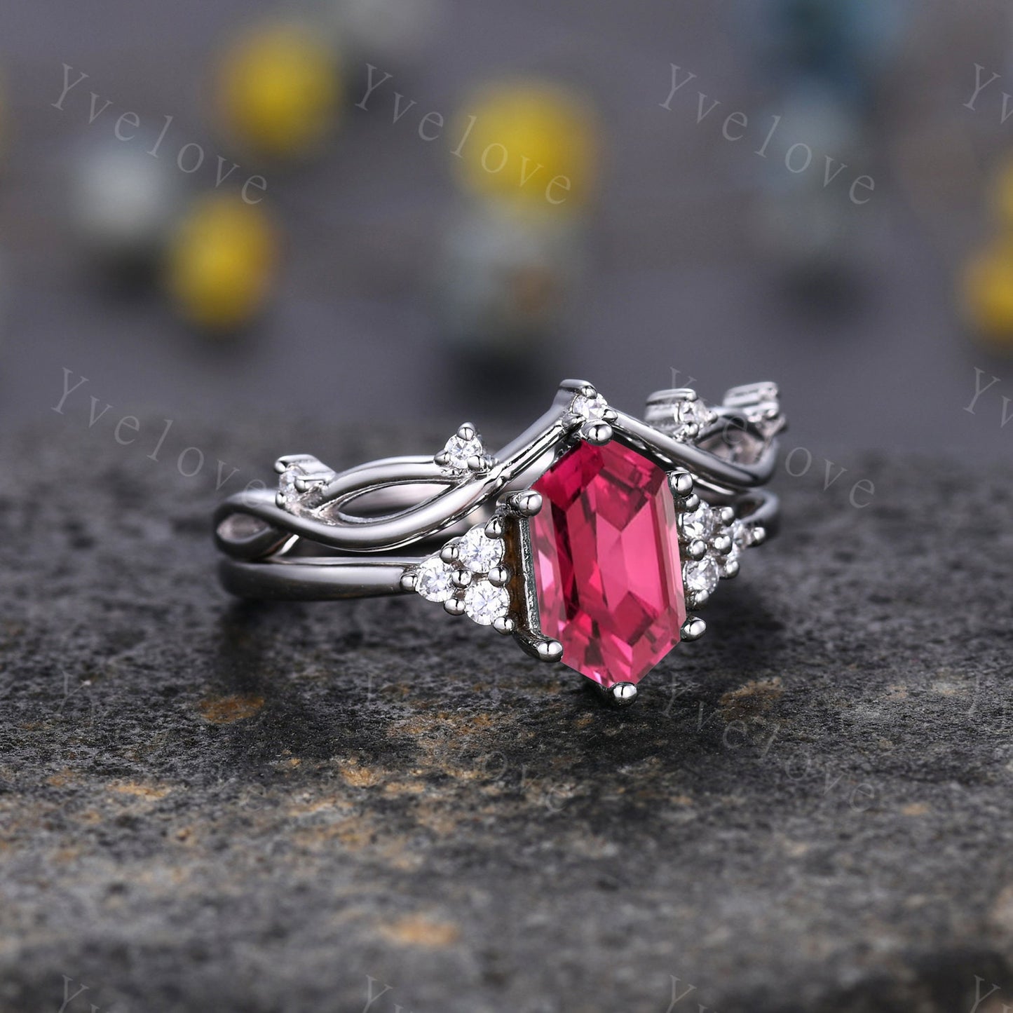 Retro hexagon Red Ruby Ring,Vintage Sterling Silver Ring Set,Unique Ruby Engagement Ring,Promise Ring,Anniversary Brial Ring Gift For Her