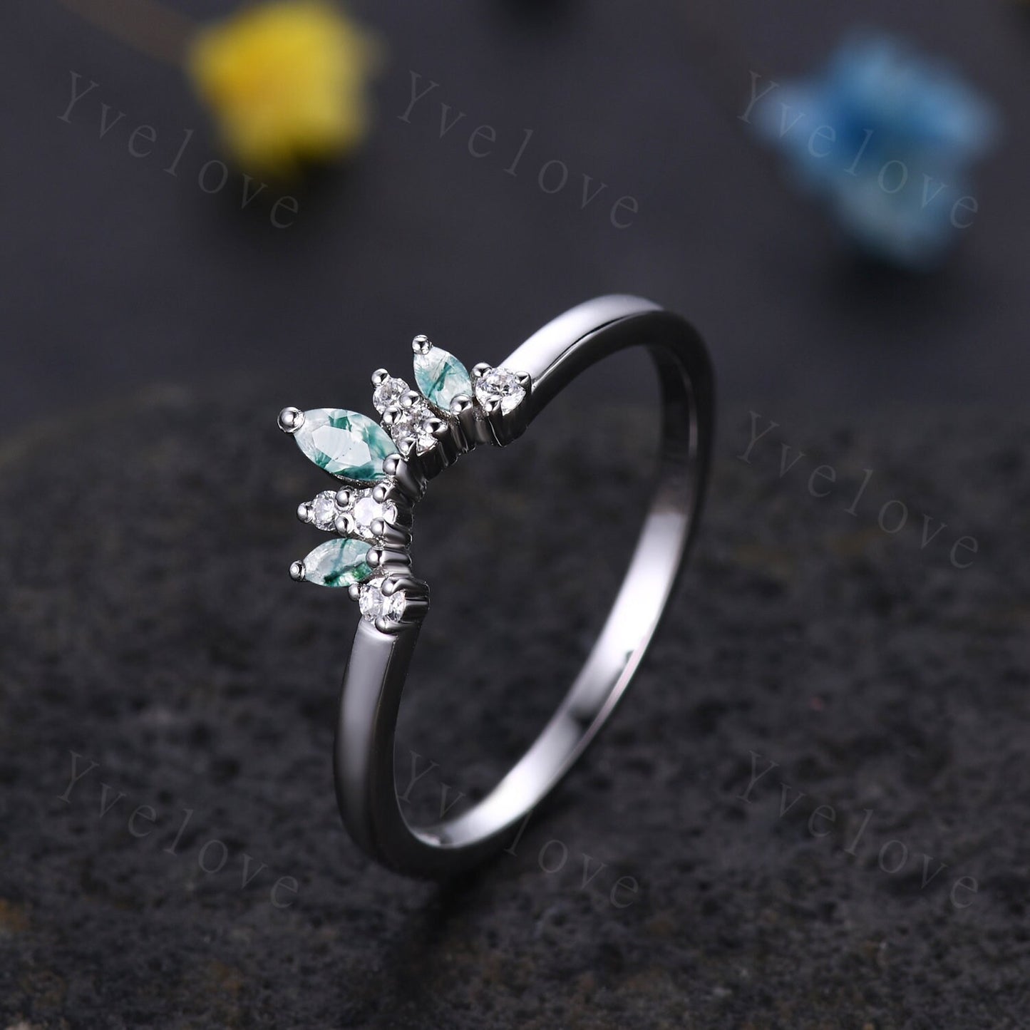 Minimalist Moss Agate Wedding Band Art Deco Moissanite Wedding Ring Green Agate Engagement Ring Stacking Ring Women Sterling Silver Ring
