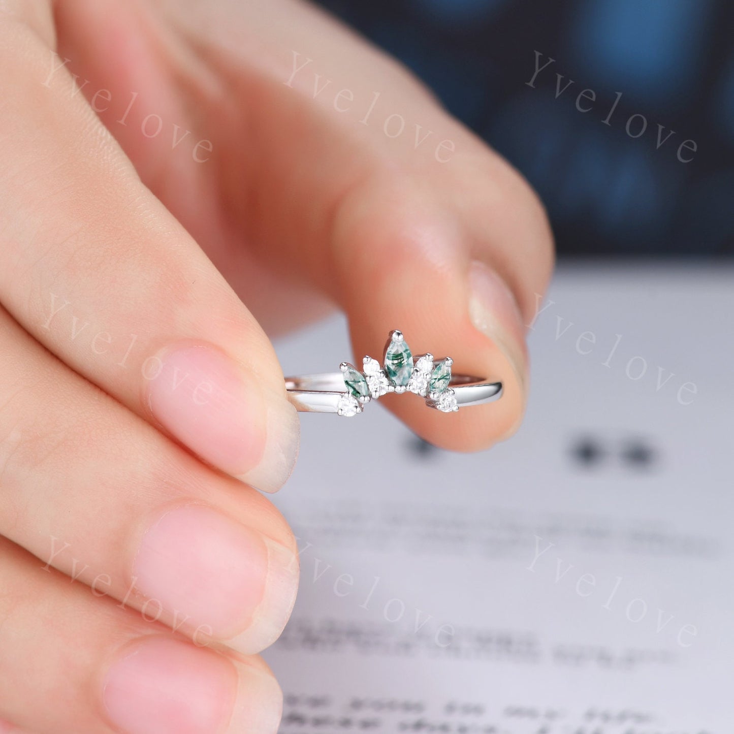 Minimalist Moss Agate Wedding Band Art Deco Moissanite Wedding Ring Green Agate Engagement Ring Stacking Ring Women Sterling Silver Ring