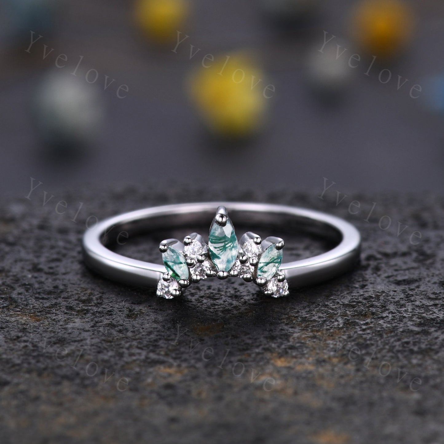 Minimalist Moss Agate Wedding Band Art Deco Moissanite Wedding Ring Green Agate Engagement Ring Stacking Ring Women Sterling Silver Ring