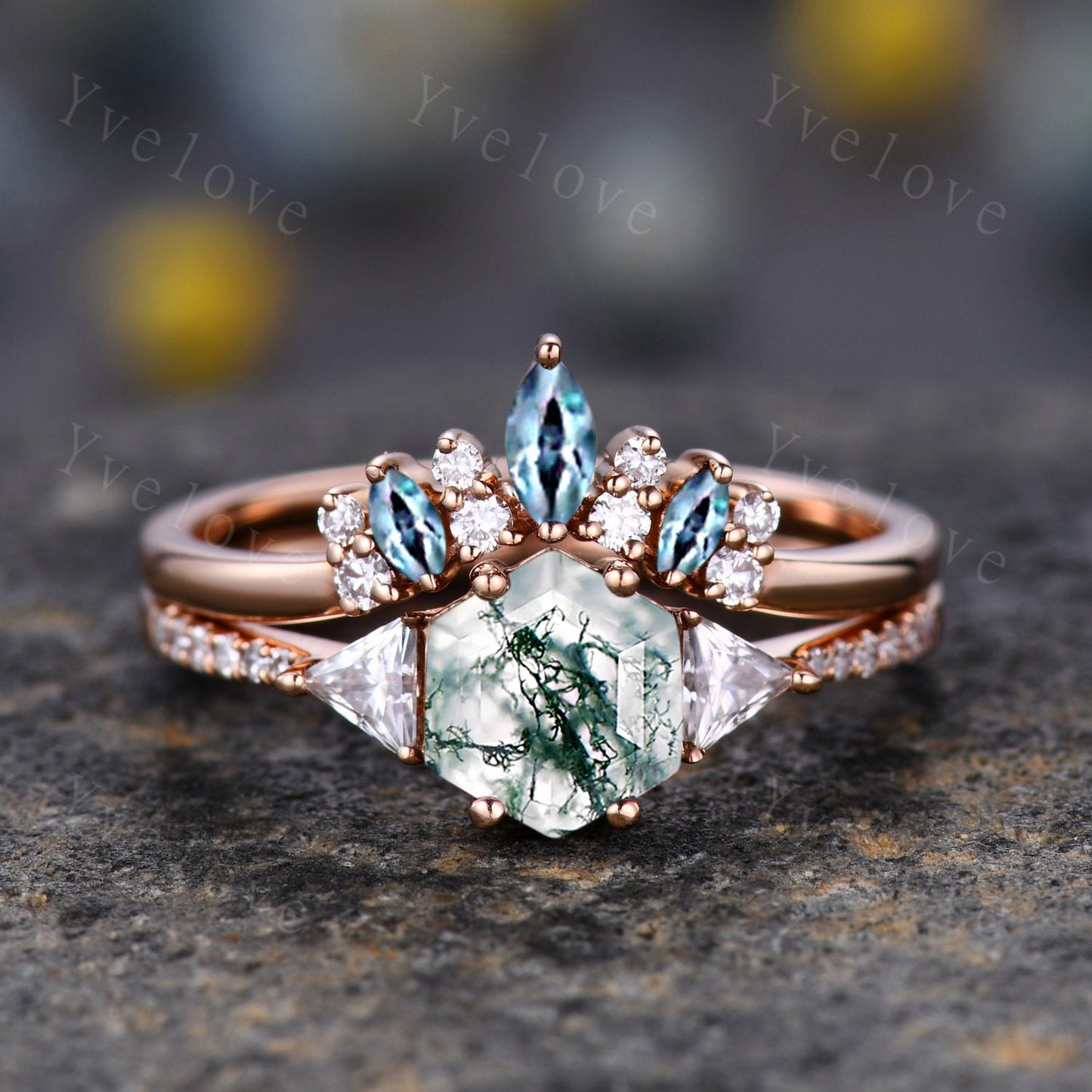 Minimalist Moss Agate Wedding Band Art Deco Moissanite Wedding Ring Green Agate Engagement Ring Stacking Ring Women Sterling Silver Ring