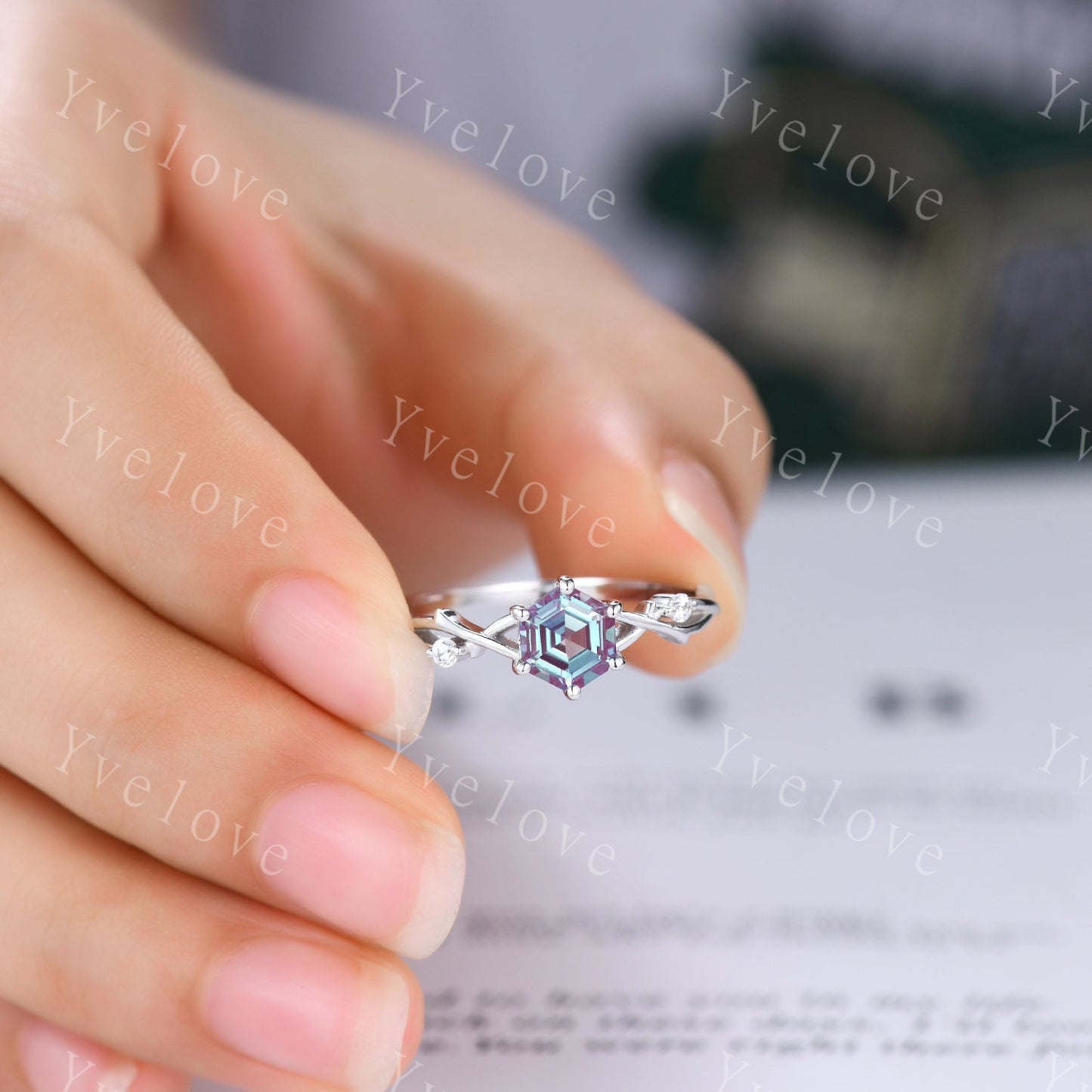 Unique Hexagon shape Alexandrite Engagement Ring Set,Vintage Branch Twig Diamond Ring,White Gold Ring,Vine Ring,Women Promise Bridal Custom