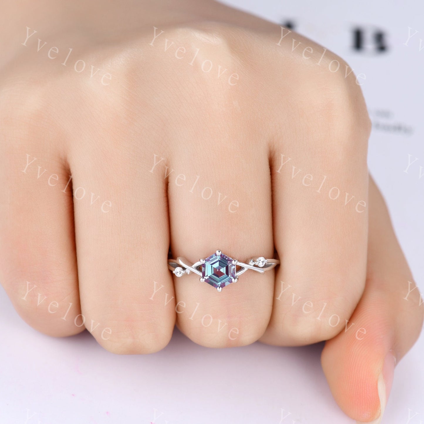 Unique Hexagon shape Alexandrite Engagement Ring,Vintage Branch Twig Diamond Ring,White Gold Ring,Vine Ring,Women Promise Bridal Ring,Custom