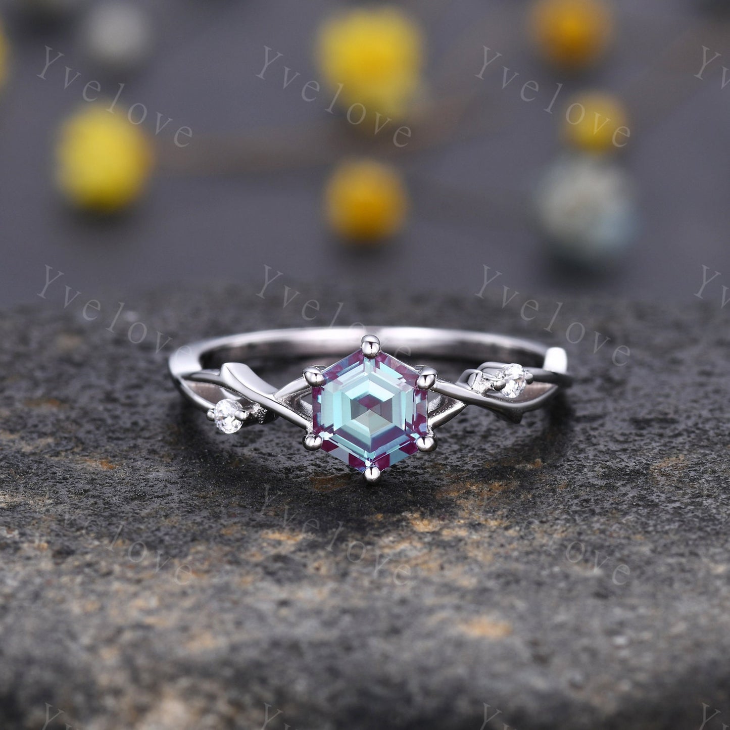 Unique Hexagon shape Alexandrite Engagement Ring,Vintage Branch Twig Diamond Ring,White Gold Ring,Vine Ring,Women Promise Bridal Ring,Custom