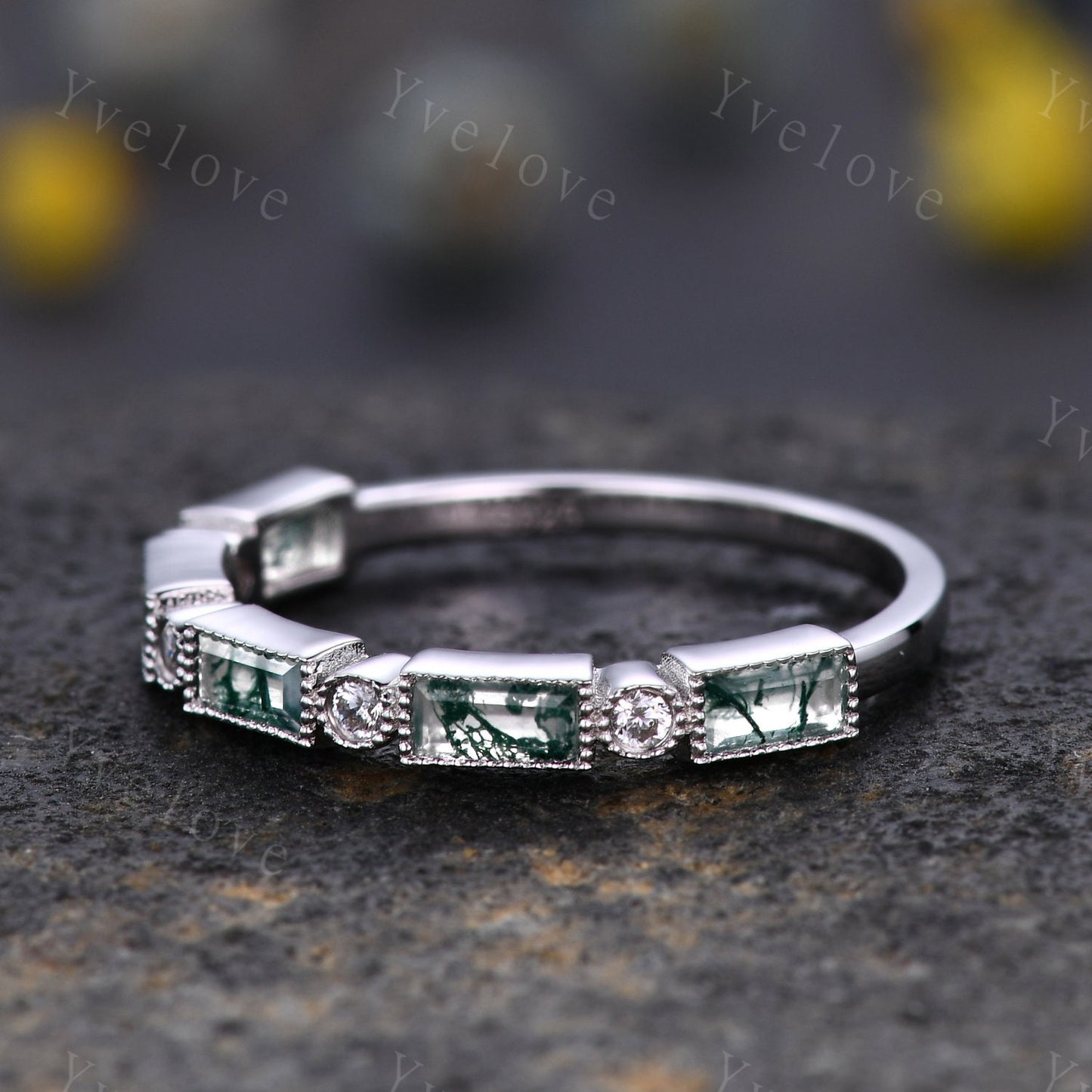 Baguette Cut Moss Agate and Diamond Wedding Ring Half Eternity Band Stacking Match Ring 14K White Gold Anniversary Gift For Her Personalized
