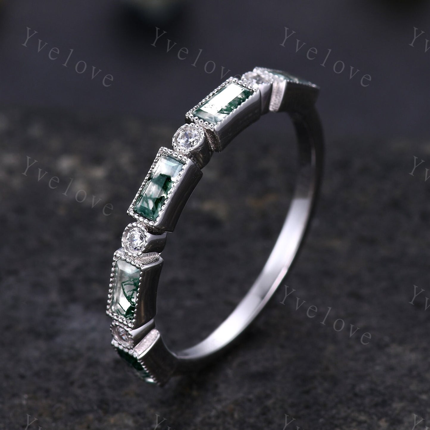 Baguette Cut Moss Agate and Diamond Wedding Ring Half Eternity Band Stacking Match Ring 14K White Gold Anniversary Gift For Her Personalized