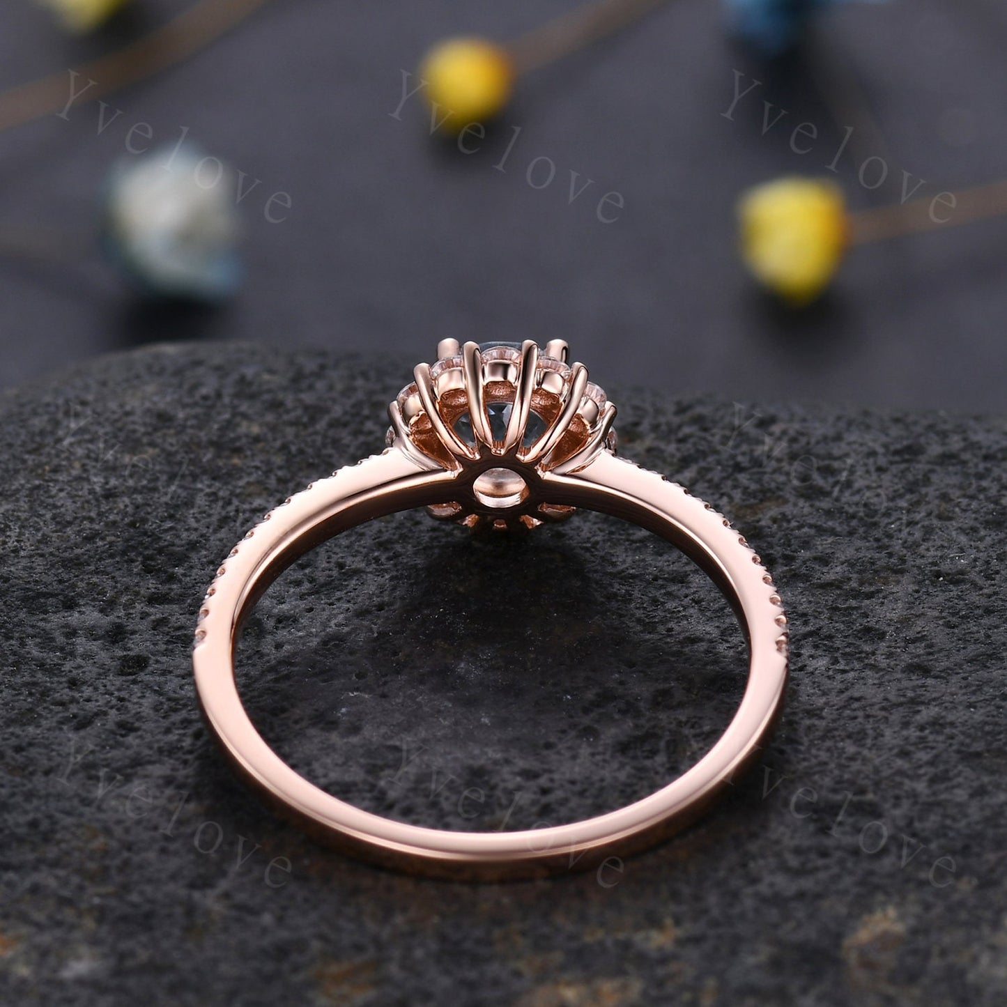 Aquamarine engagement ring 5mm round aquamarine ring floral moissanite halo half eternity diamond band anniversary ring solid 14k rose gold