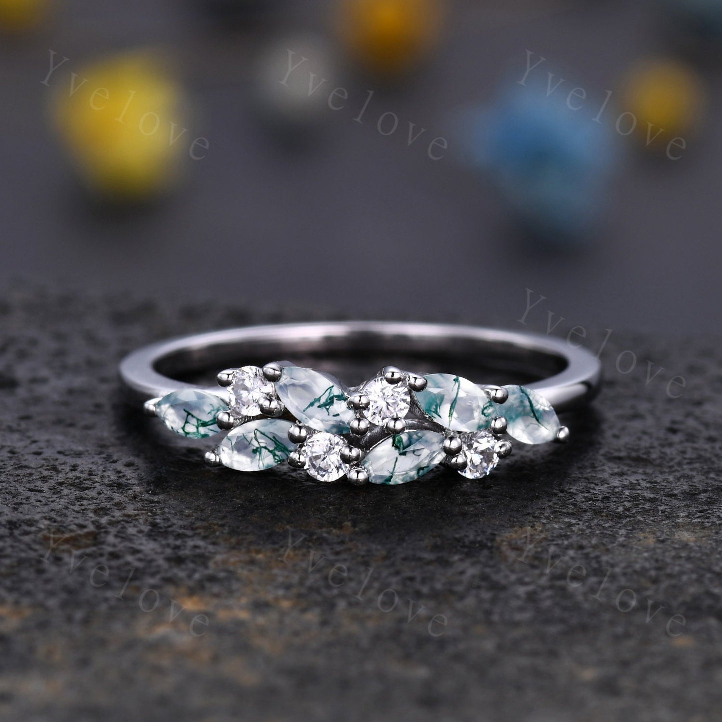 Vintage Moss Agate Wedding Band,14k White Gold Ring,Cluster Marquise Green Agate Diamond/Moissanite Ring,Stacking Matching Band,Women Gift