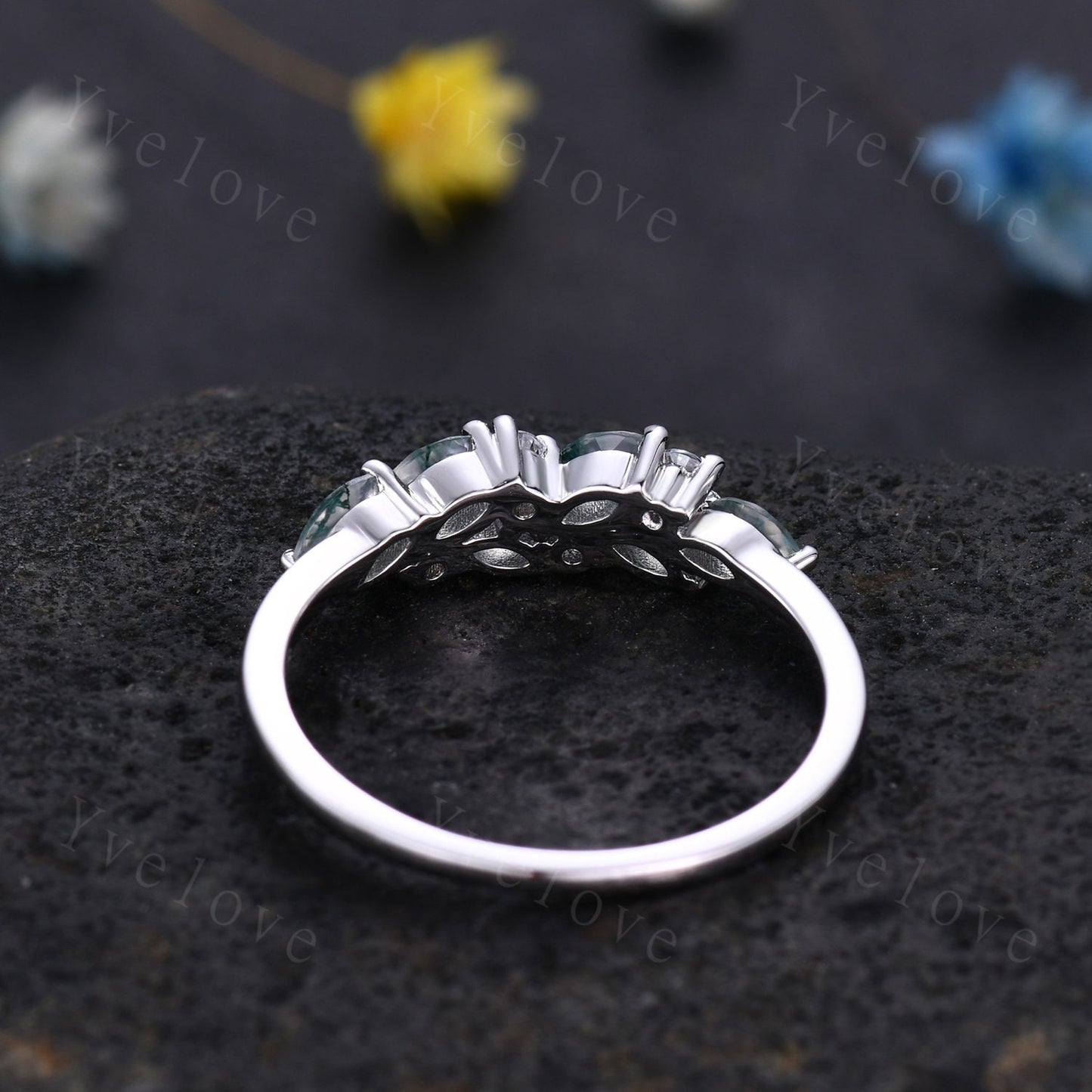 Vintage Moss Agate Wedding Band,14k White Gold Ring,Cluster Marquise Green Agate Diamond/Moissanite Ring,Stacking Matching Band,Women Gift