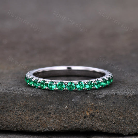 2mm Round Cut Emerald Wedding Band Eternity Band Pave Stackable Band Minimalist Emerald Band May Birthstone Ring Anniversary Gift