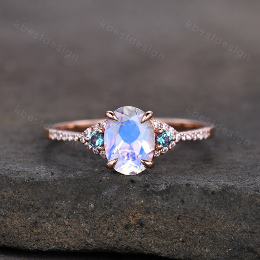 Rainbow Moonstone Engagement Ring Rose Gold Oval Moonstone Ring Unique Three Stone Alexandrite Ring June Birthstone Ring Promise Ring