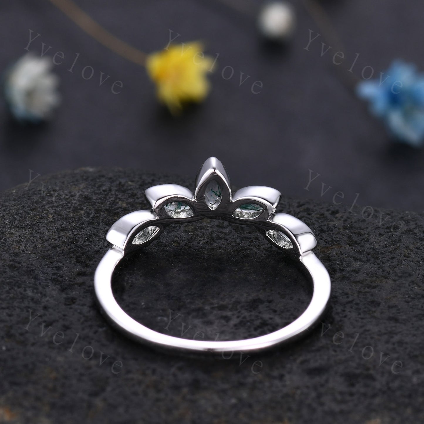 Minimalist Moss Agate Curved Wedding Band Art Deco Green Agate Engagement Ring Marquise Green Gems Stacking Ring Women Sterling Silver Ring