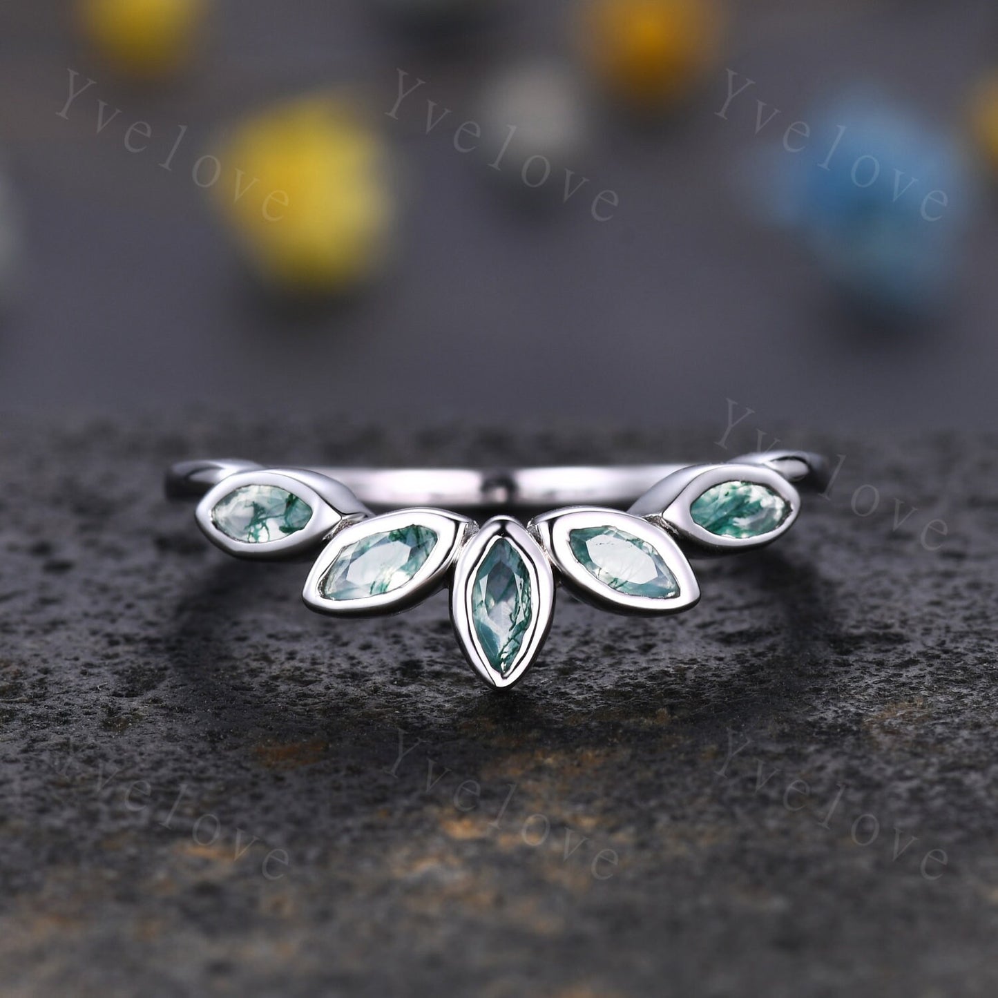 Minimalist Moss Agate Curved Wedding Band Art Deco Green Agate Engagement Ring Marquise Green Gems Stacking Ring Women Sterling Silver Ring