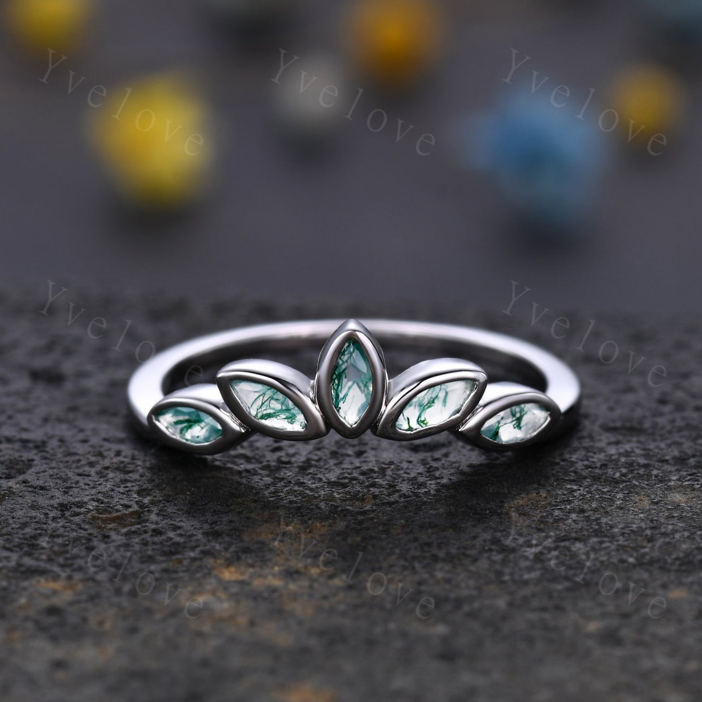 Minimalist Moss Agate Curved Wedding Band Art Deco Green Agate Engagement Ring Marquise Green Gems Stacking Ring Women Sterling Silver Ring
