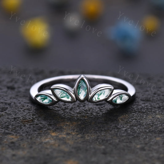 Minimalist Moss Agate Curved Wedding Band Art Deco Green Agate Engagement Ring Marquise Green Gems Stacking Ring Women Sterling Silver Ring