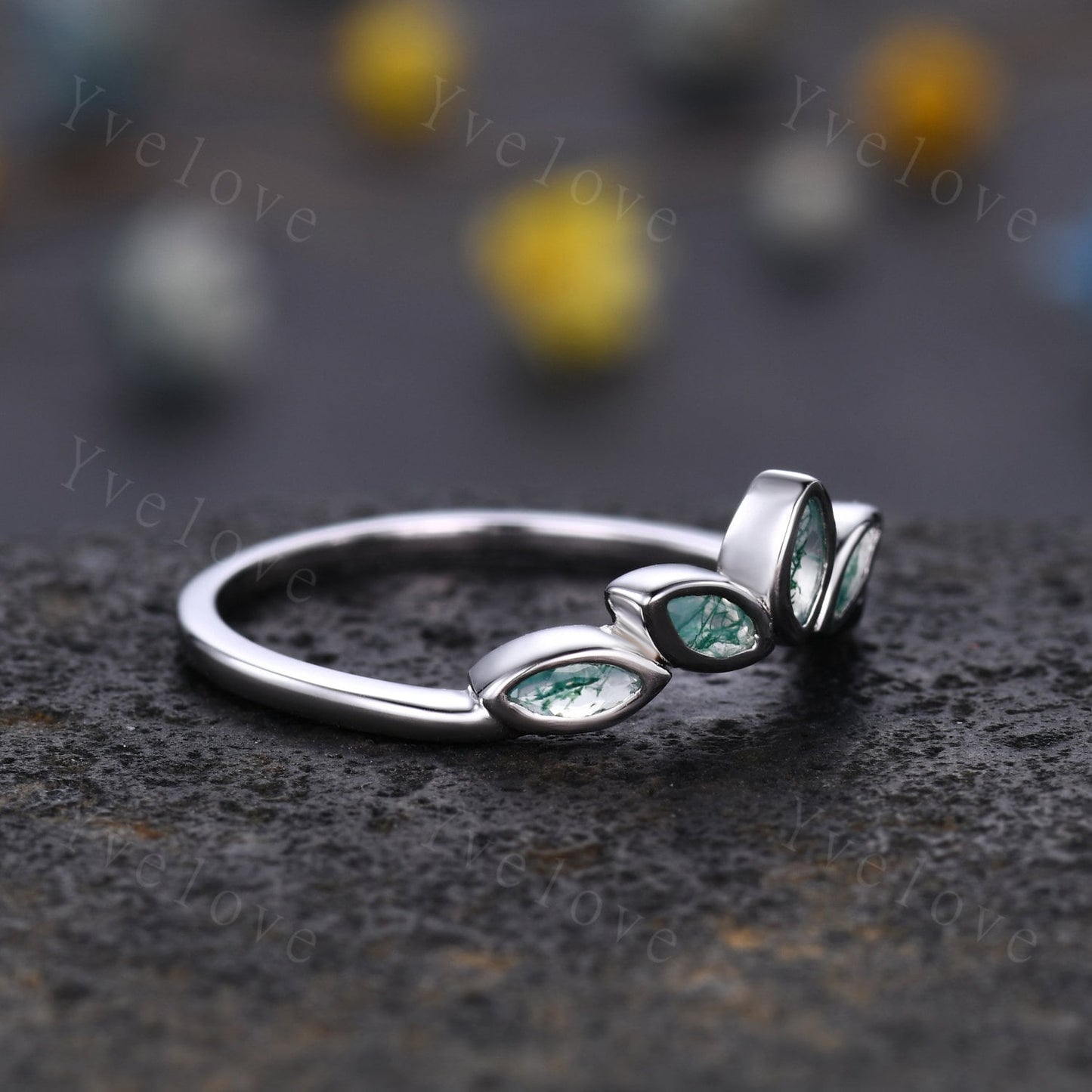 Minimalist Moss Agate Curved Wedding Band Art Deco Green Agate Engagement Ring Marquise Green Gems Stacking Ring Women Sterling Silver Ring