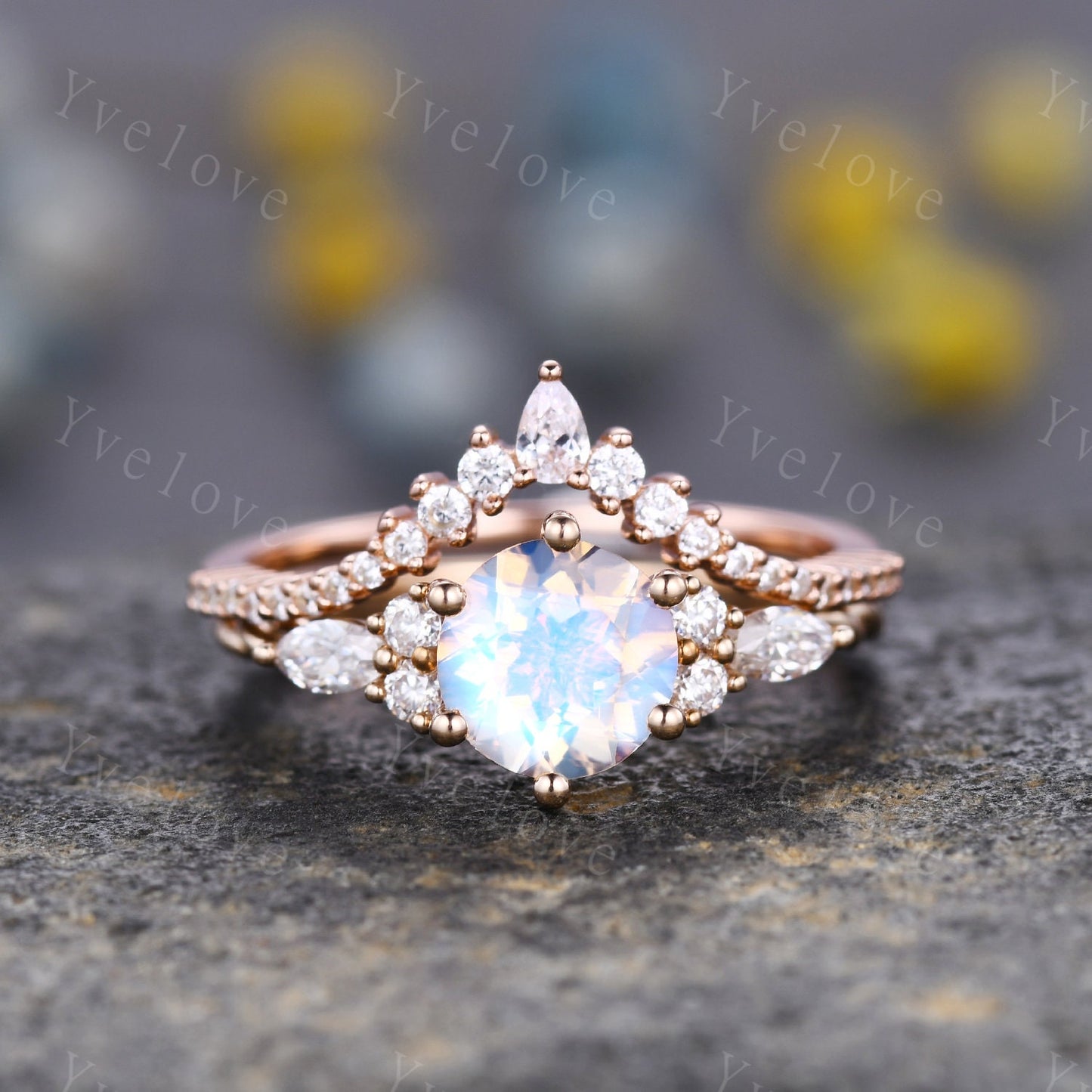 Vintage Moonstone engagement ring set,Pear cut ring art deco diamond women ring,twisted band,Rose gold promise ring anniversary bridal ring