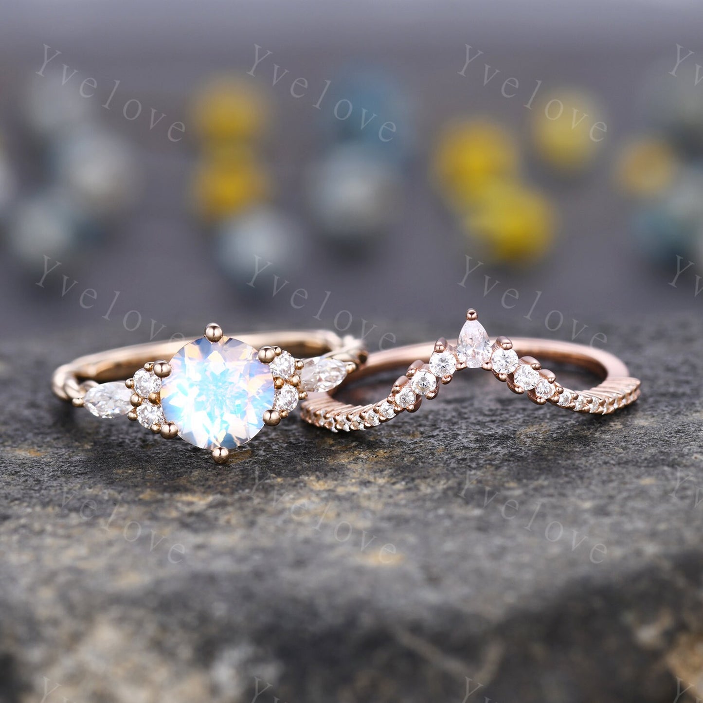 Vintage Moonstone Engagement Ring,Round Shape Moonstone Bridal Set,Twisted V Curved Diamond Stacking Band,Solid Gold,Women Ring Gift For Her