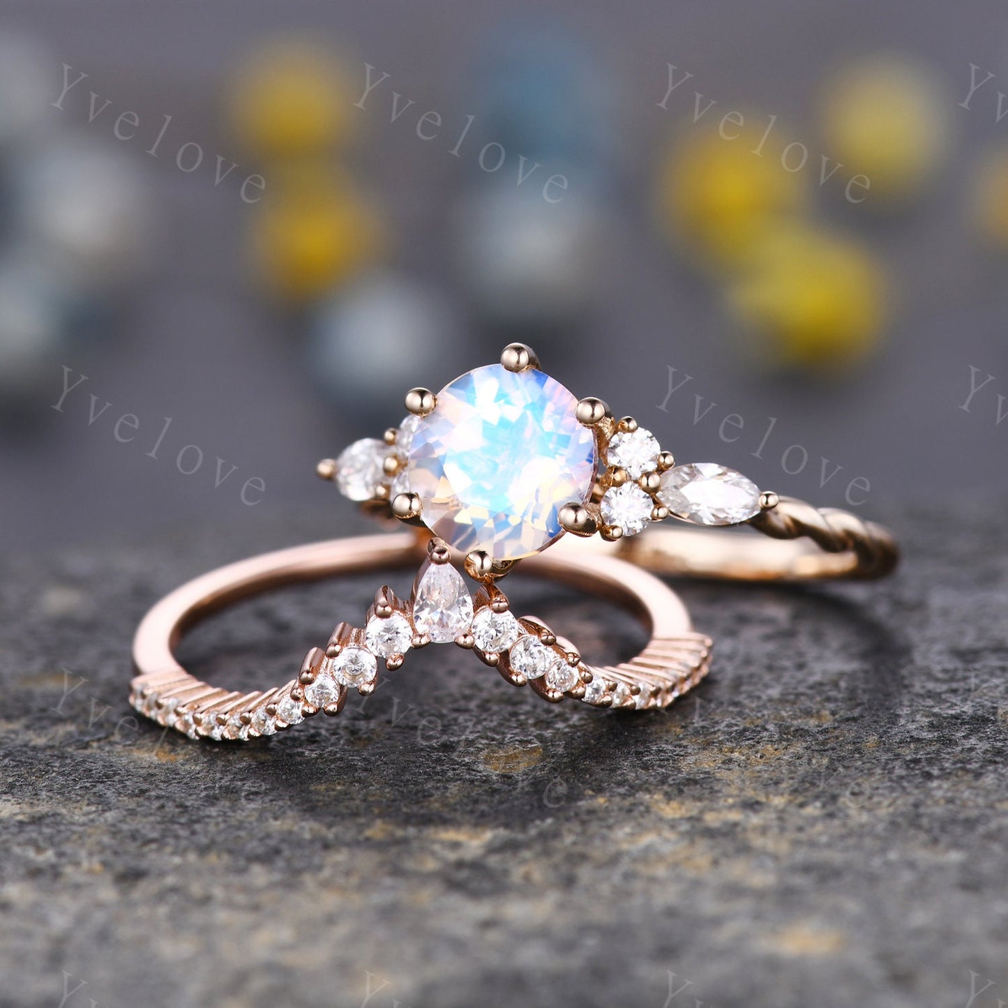 Vintage Moonstone Engagement Ring,Round Shape Moonstone Bridal Set,Twisted V Curved Diamond Stacking Band,Solid Gold,Women Ring Gift For Her