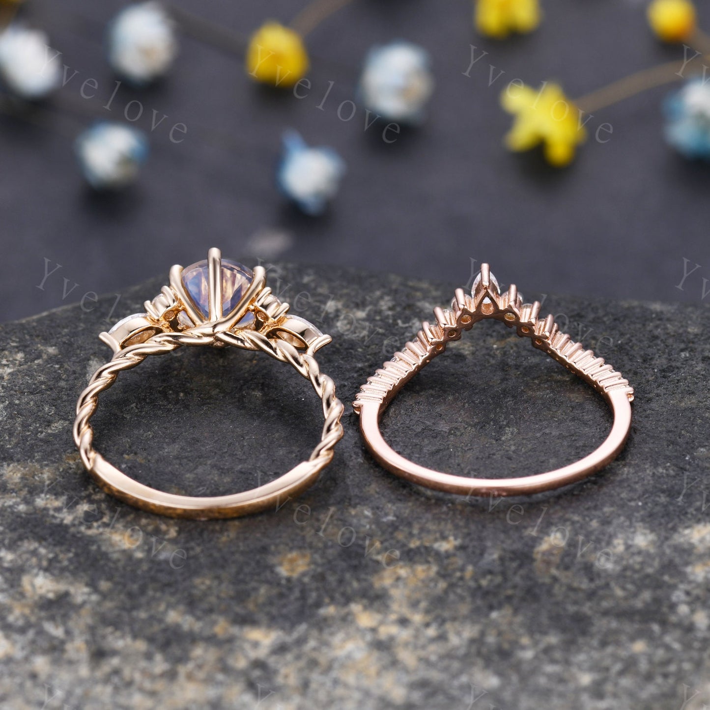 Vintage Moonstone Engagement Ring,Round Shape Moonstone Bridal Set,Twisted V Curved Diamond Stacking Band,Solid Gold,Women Ring Gift For Her