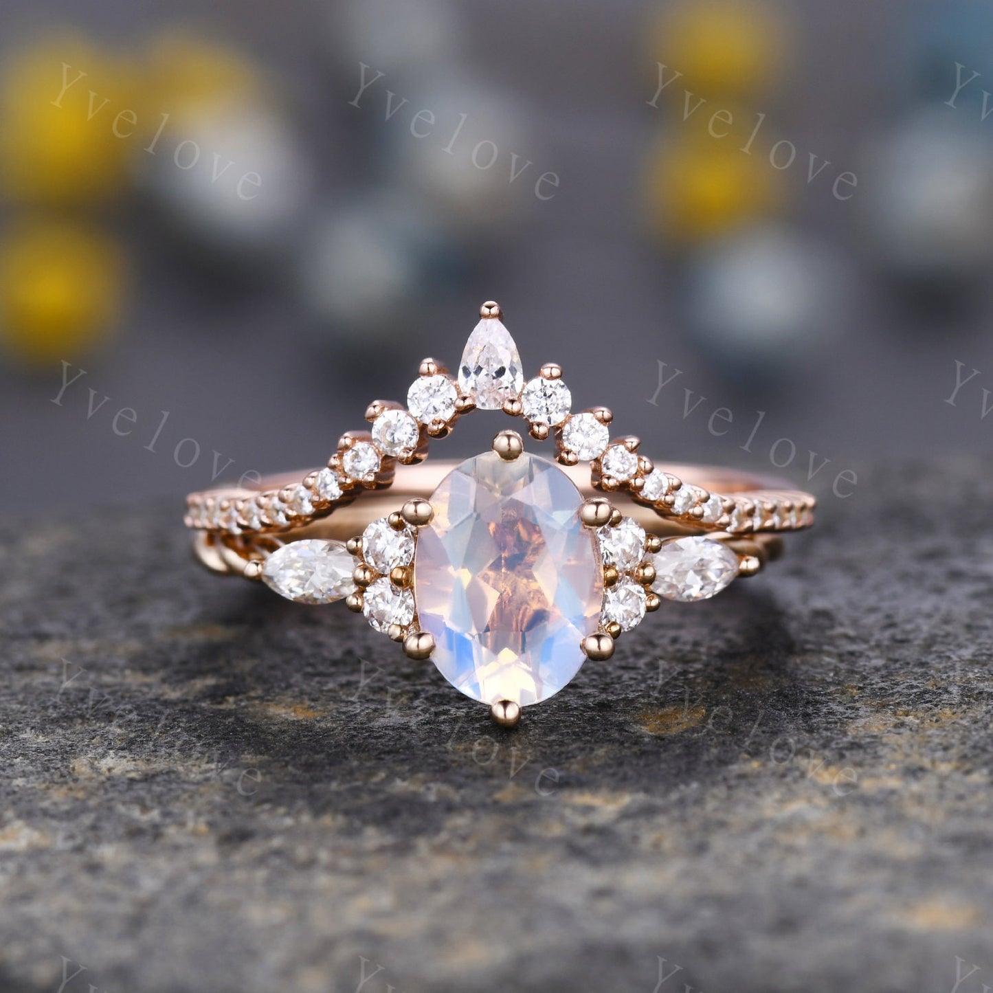 Vintage Moonstone Engagement Ring,Round Shape Moonstone Bridal Set,Twisted V Curved Diamond Stacking Band,Solid Gold,Women Ring Gift For Her