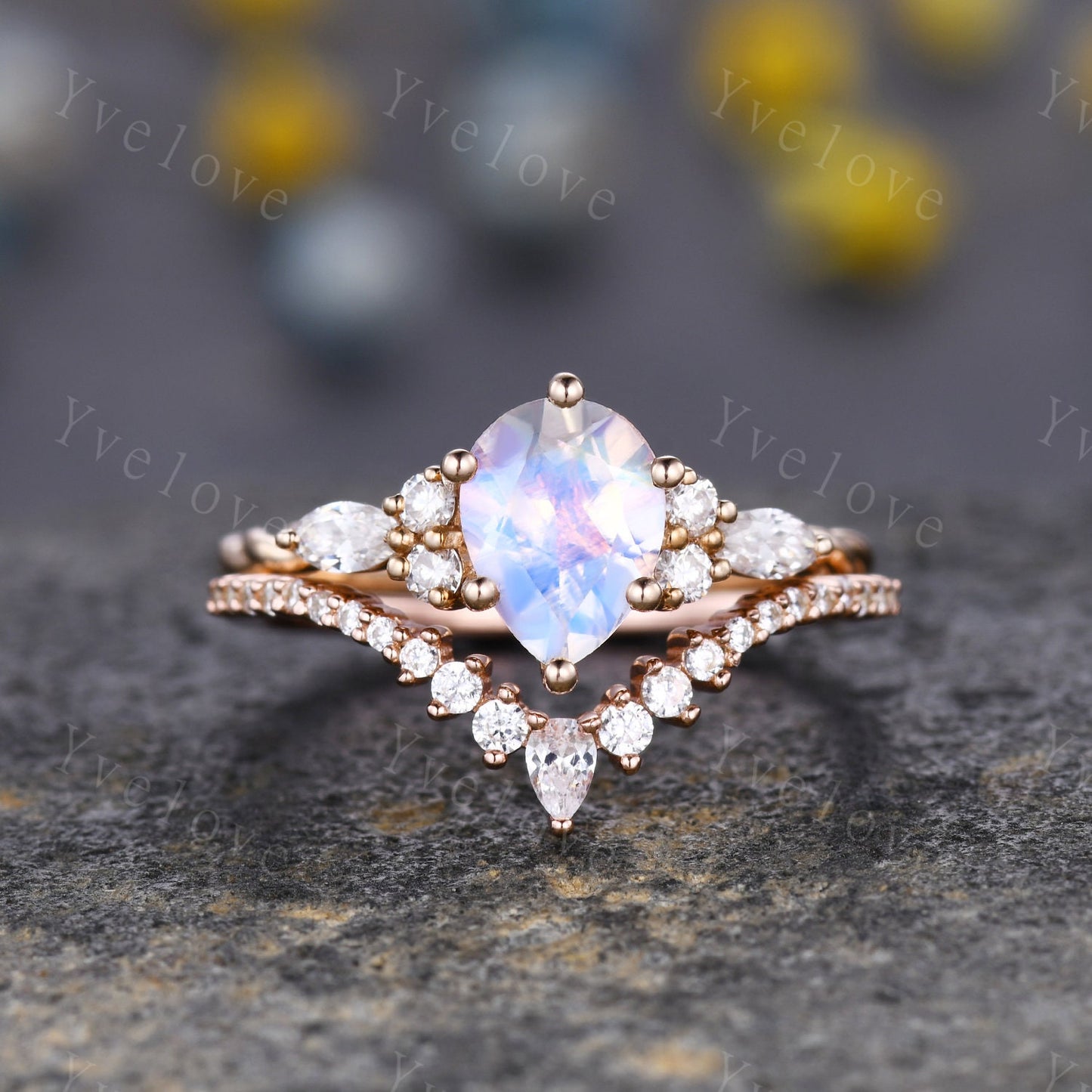 Vintage Moonstone Engagement Ring,Round Shape Moonstone Bridal Set,Twisted V Curved Diamond Stacking Band,Solid Gold,Women Ring Gift For Her