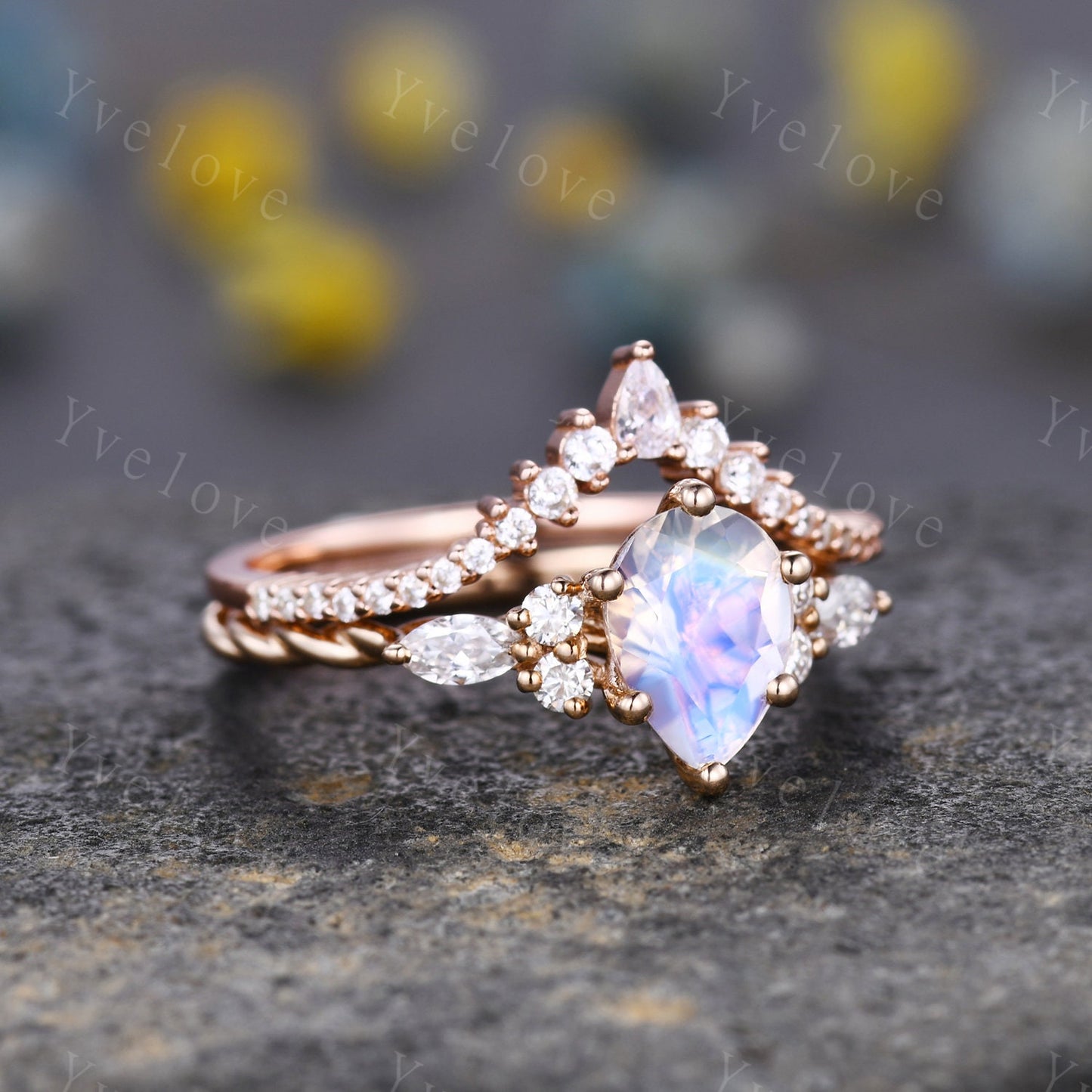 Vintage Moonstone engagement ring set,Pear cut ring art deco diamond women ring,twisted band,Rose gold promise ring anniversary bridal ring