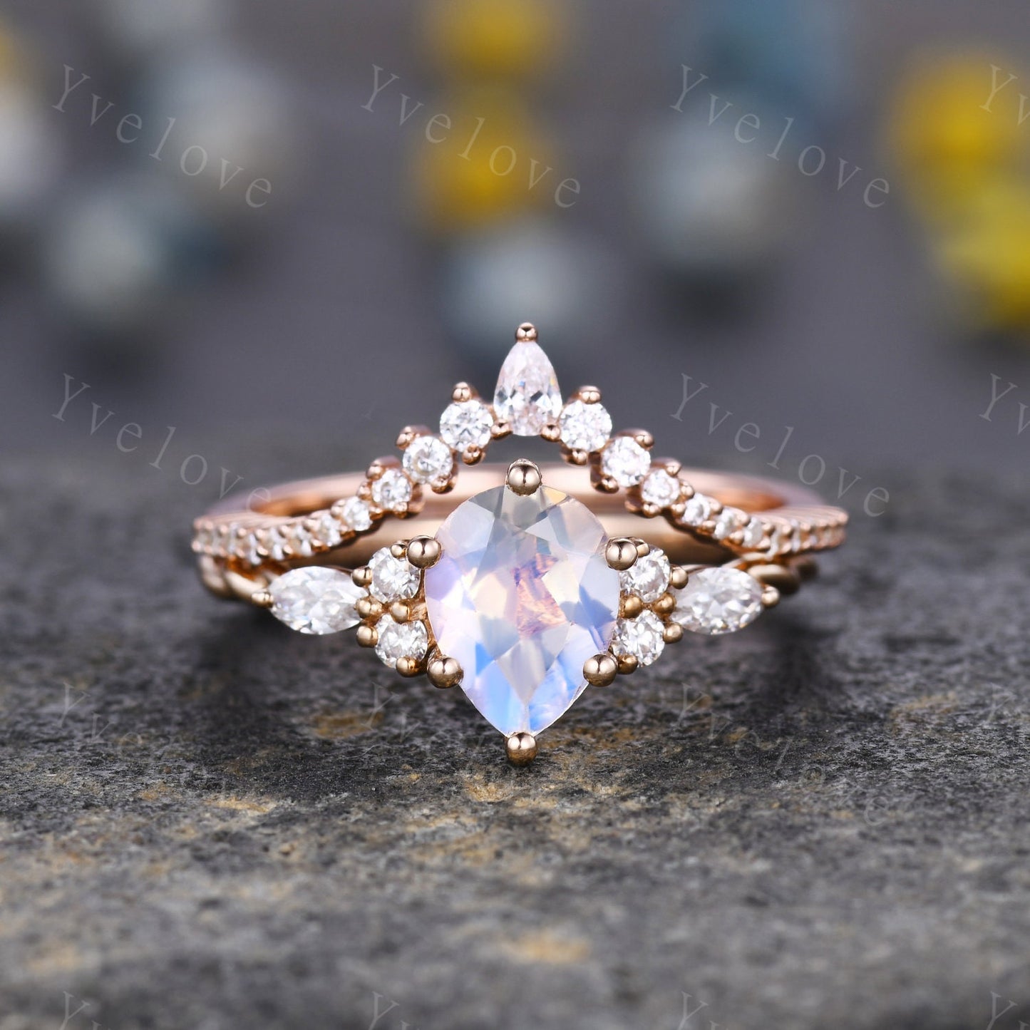 Vintage Moonstone engagement ring set,Pear cut ring art deco diamond women ring,twisted band,Rose gold promise ring anniversary bridal ring