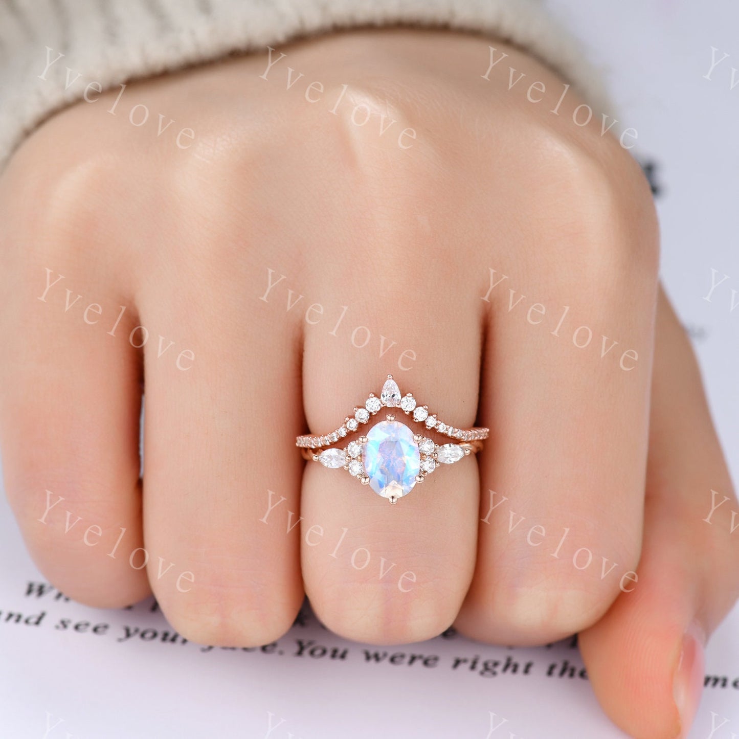 Vintage Moonstone engagement ring set oval cut ring art deco diamond women ring,Rose gold danity promise ring anniversary bridal ring gift