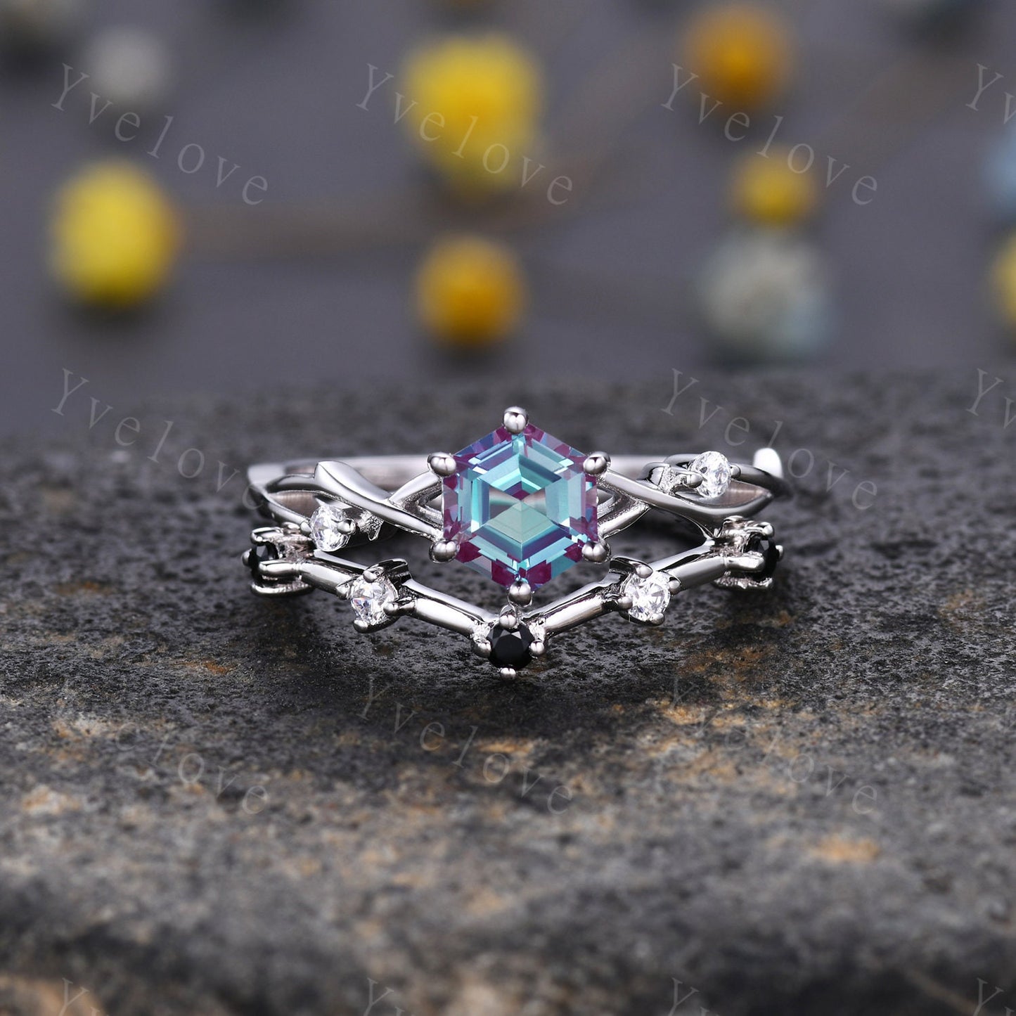 Unique Hexagon shape Alexandrite Engagement Ring,Vintage Branch Twig Diamond Ring,White Gold Ring,Vine Ring,Women Promise Bridal Ring,Custom