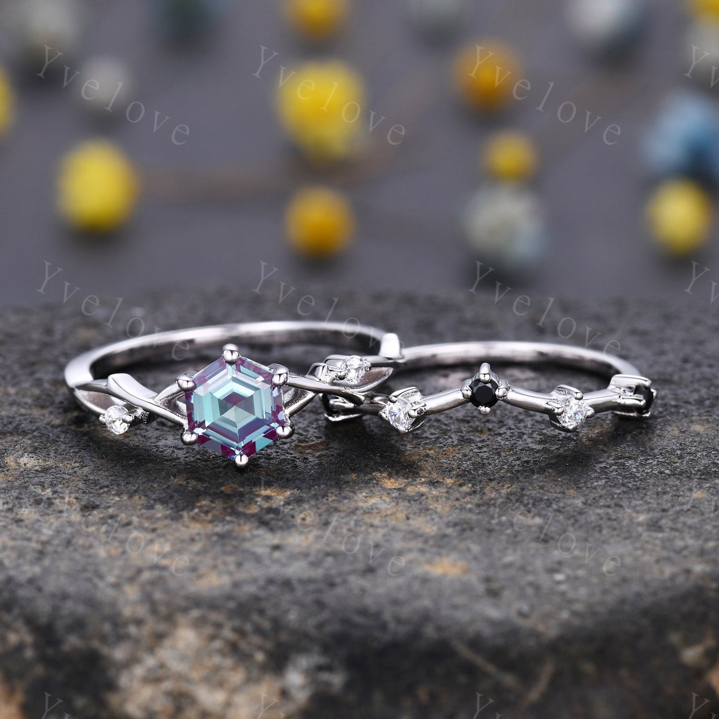 Unique Hexagon shape Alexandrite Engagement Ring Set,Vintage Branch Twig Diamond Ring,White Gold Ring,Vine Ring,Women Promise Bridal Custom