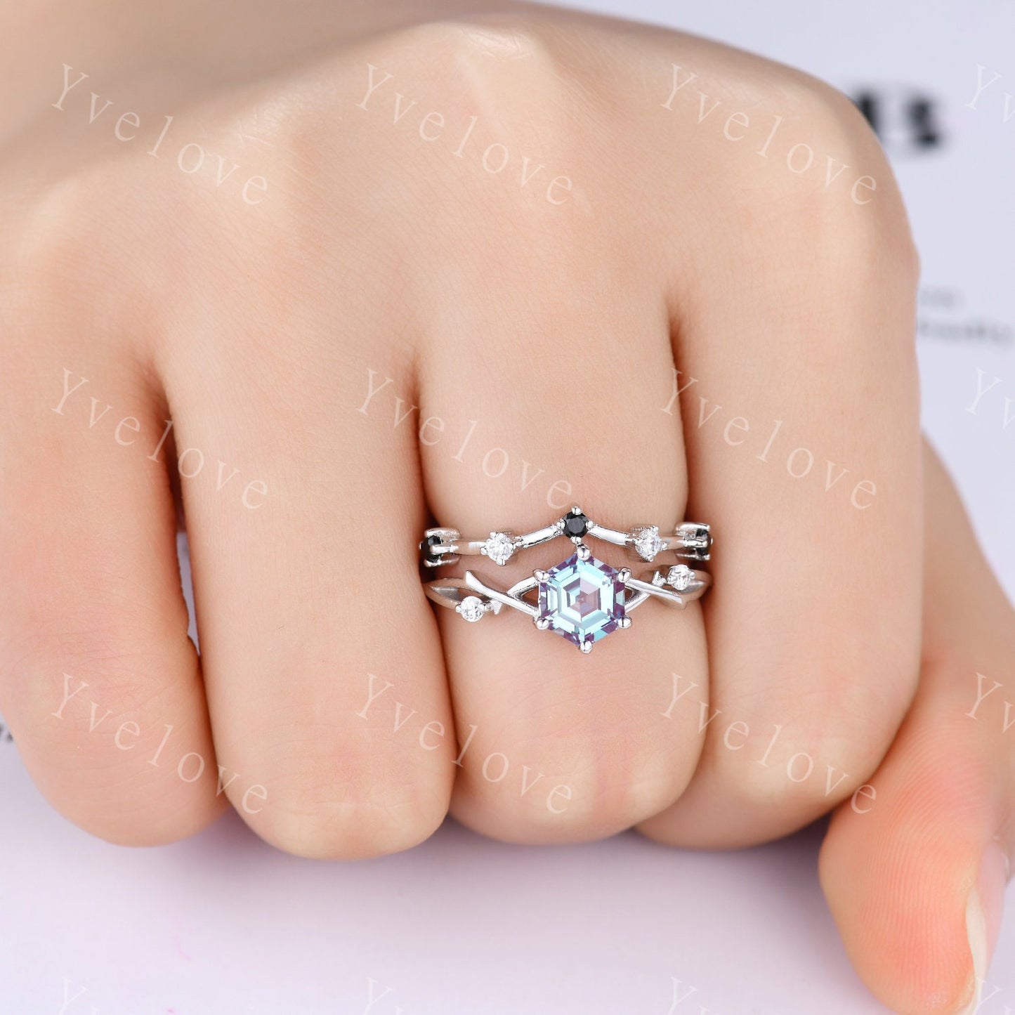Unique Hexagon shape Alexandrite Engagement Ring,Vintage Branch Twig Diamond Ring,White Gold Ring,Vine Ring,Women Promise Bridal Ring,Custom
