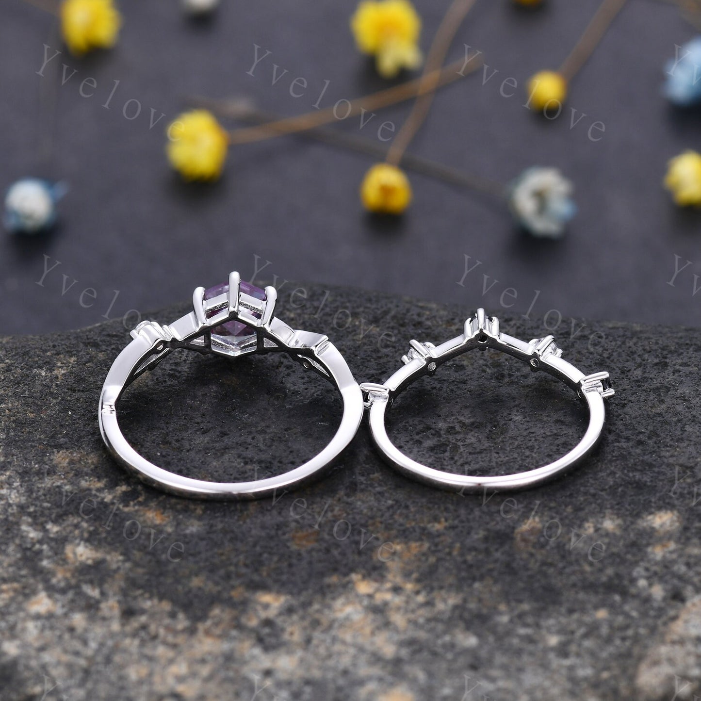 Unique Hexagon shape Alexandrite Engagement Ring Set,Vintage Branch Twig Diamond Ring,White Gold Ring,Vine Ring,Women Promise Bridal Custom