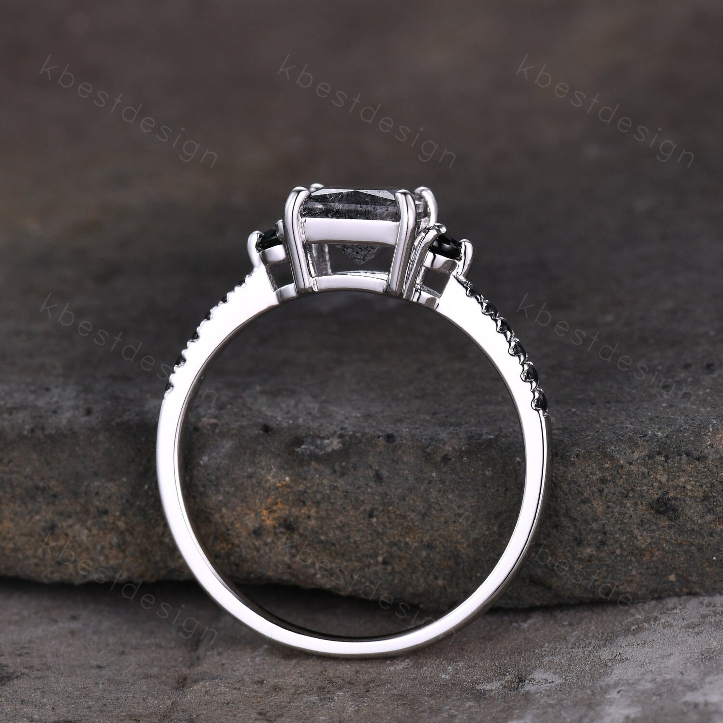 Princess Cut Natural Black Rutilated Quartz Engagement Ring Unique Black Spinel Ring Sterling Silver Ring Three stone ring Promise Ring
