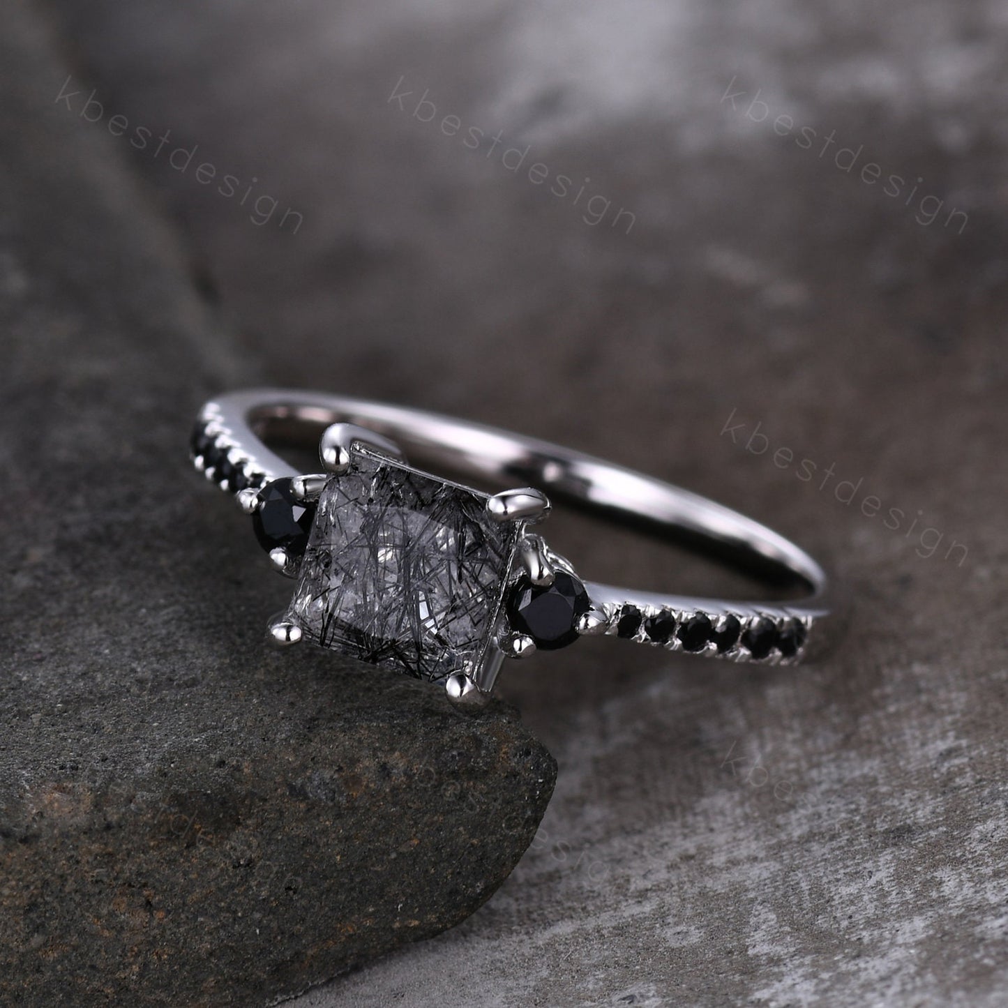 Princess Cut Natural Black Rutilated Quartz Engagement Ring Unique Black Spinel Ring Sterling Silver Ring Three stone ring Promise Ring