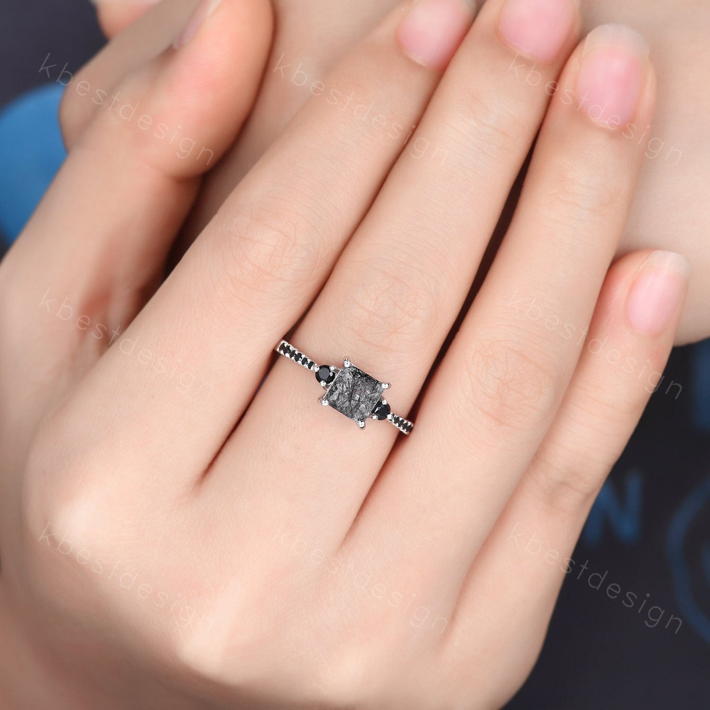 Princess Cut Natural Black Rutilated Quartz Engagement Ring Unique Black Spinel Ring Sterling Silver Ring Three stone ring Promise Ring