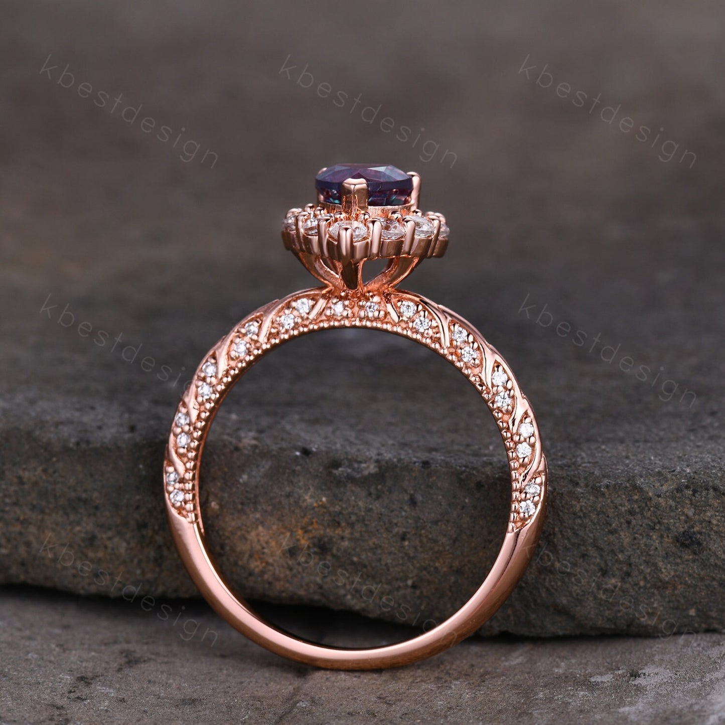 Antique Alexandrite Engagement Ring Rose Gold Heart Shaped Ring Unique Halo Moissanite Ring Art Deco Promise Ring June Birthstone Ring