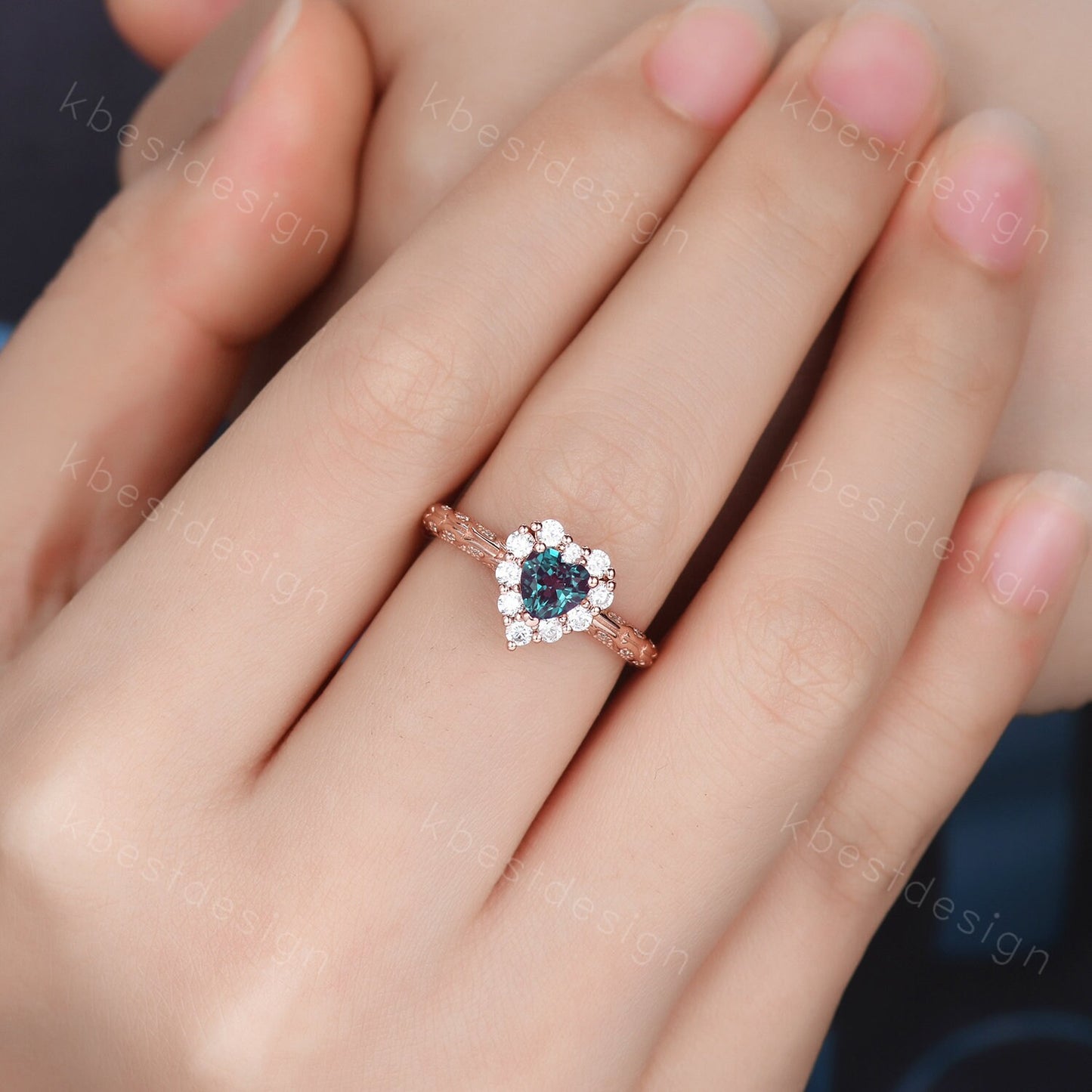 Antique Alexandrite Engagement Ring Rose Gold Heart Shaped Ring Unique Halo Moissanite Ring Art Deco Promise Ring June Birthstone Ring