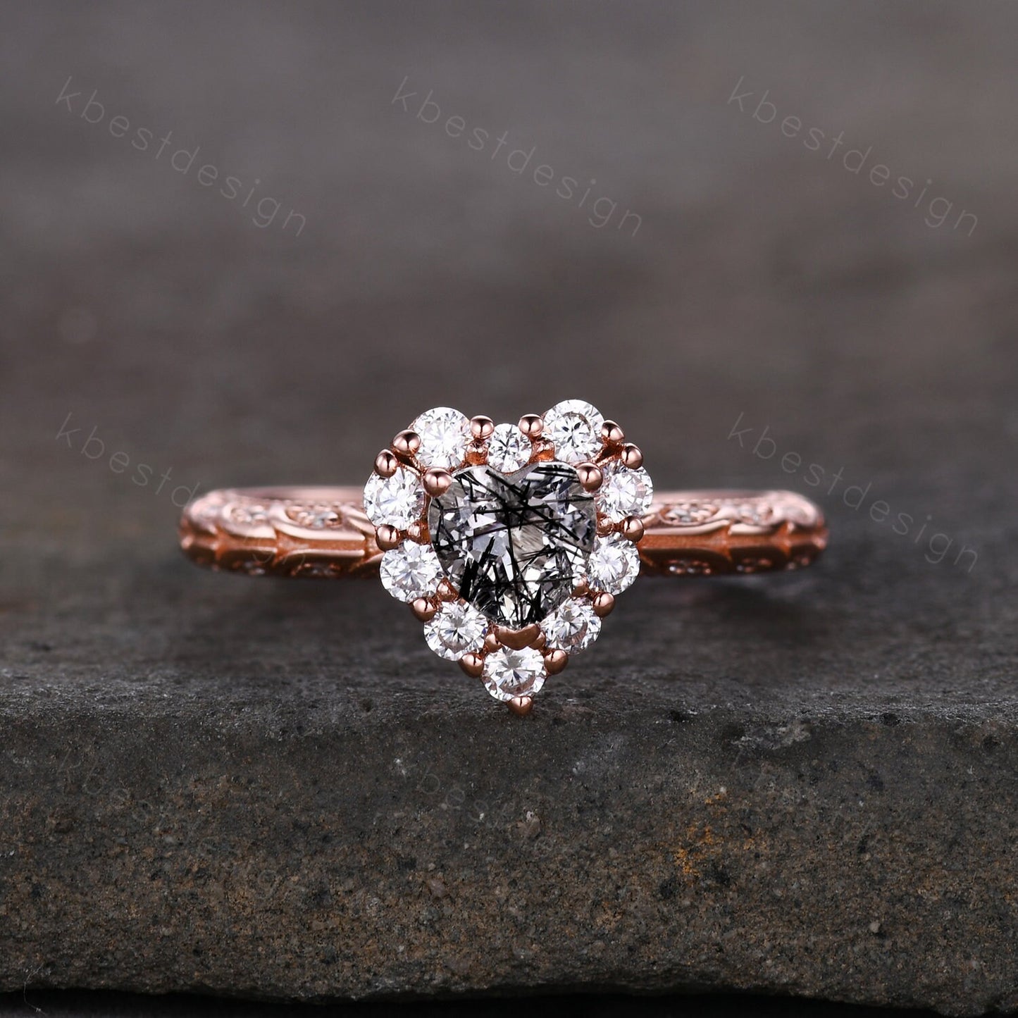 Antique Alexandrite Engagement Ring Rose Gold Heart Shaped Ring Unique Halo Moissanite Ring Art Deco Promise Ring June Birthstone Ring