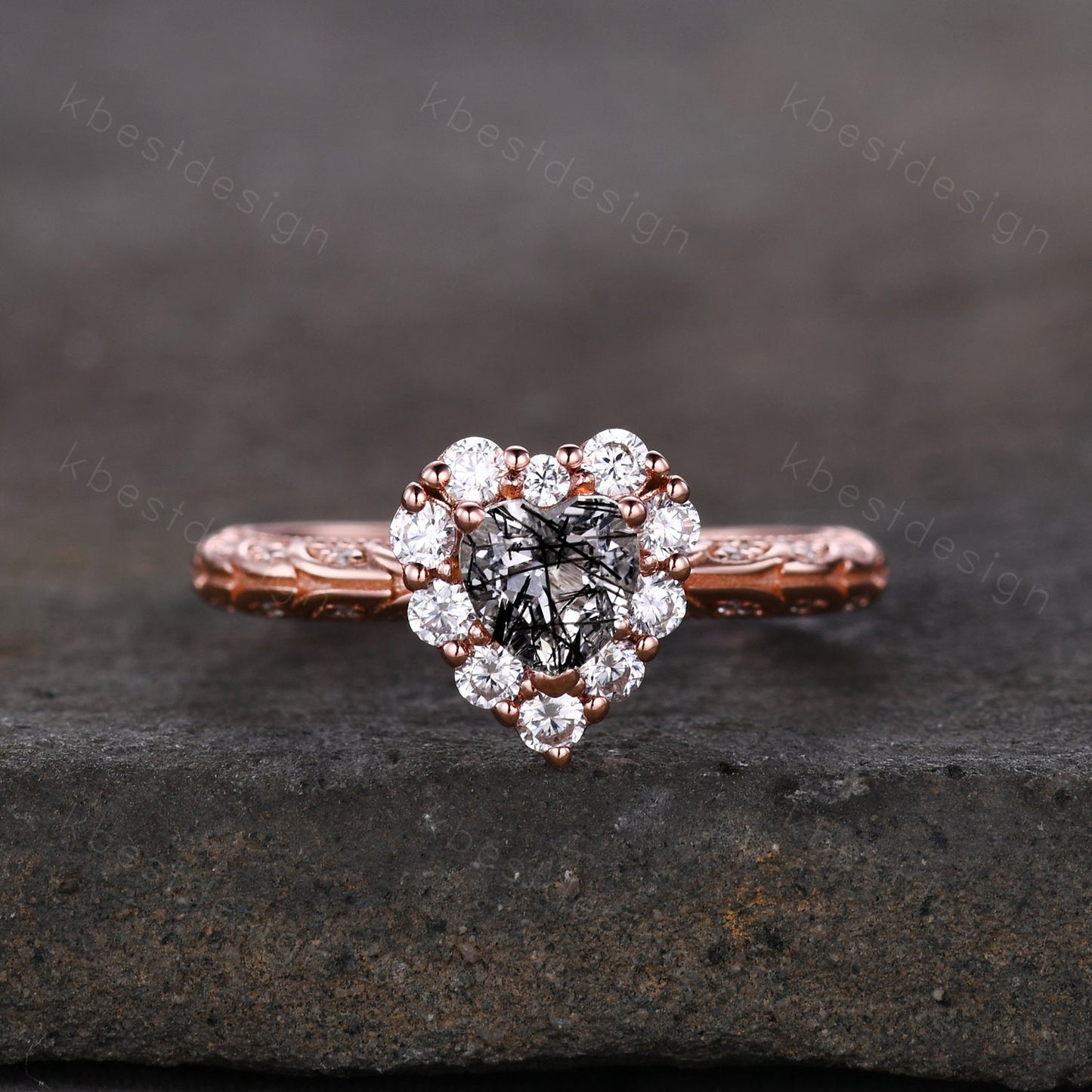 Antique Alexandrite Engagement Ring Rose Gold Heart Shaped Ring Unique Halo Moissanite Ring Art Deco Promise Ring June Birthstone Ring