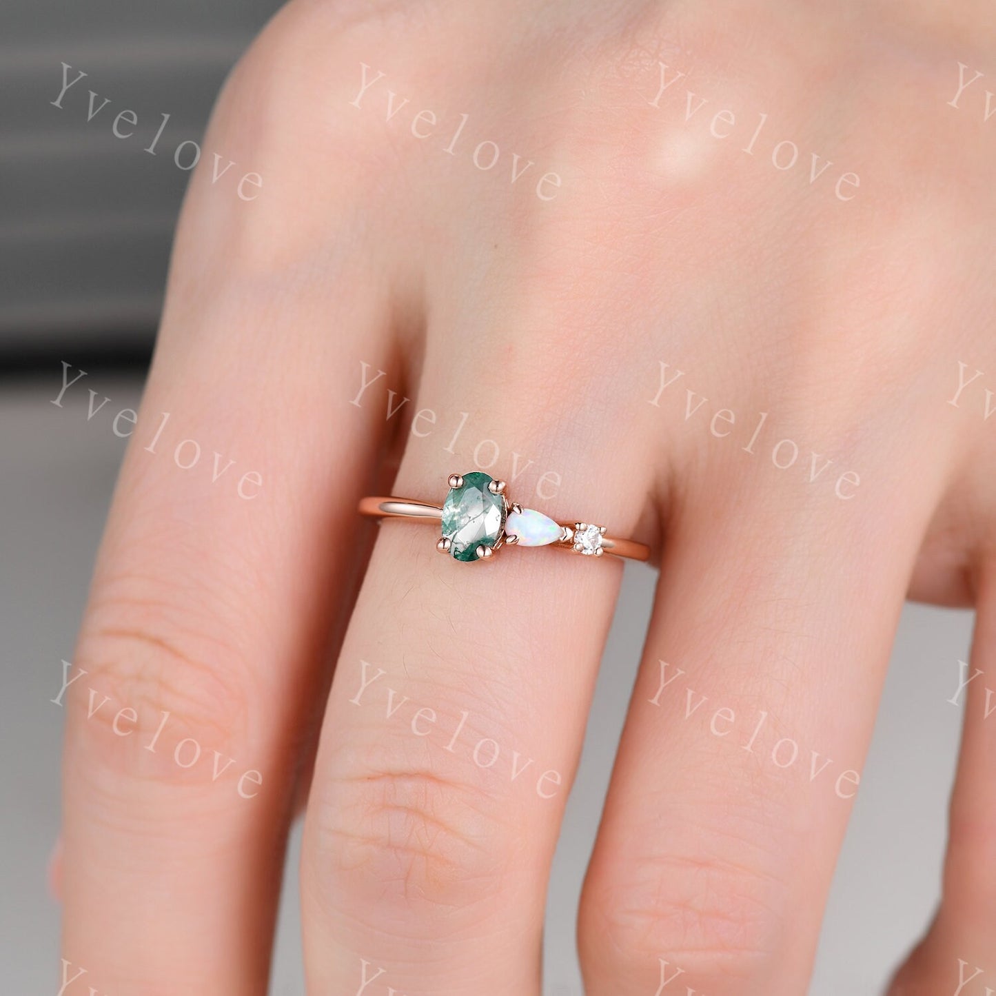 Unique Moss Agate Opal Engagement Ring,Oval Cut Gems,Art Deco Moissanite Wedding Band,3 Stone Unique Women Bridal Promise Ring,Customized