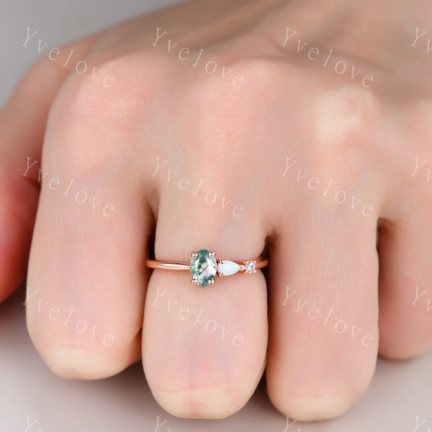 Unique Moss Agate Opal Engagement Ring,Oval Cut Gems,Art Deco Moissanite Wedding Band,3 Stone Unique Women Bridal Promise Ring,Customized